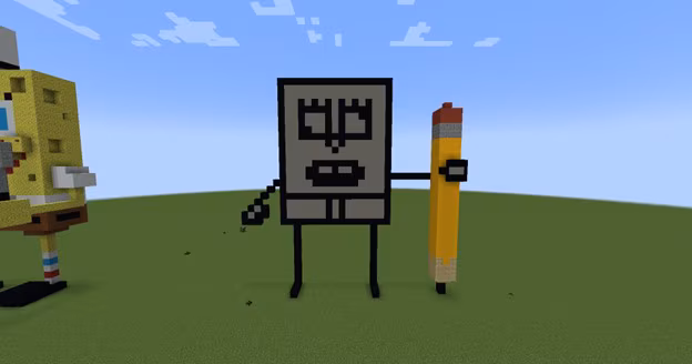 Image created in Minecraft of DoodleBob holding a yellow pencil from Nickelodeon's SpongeBob SquarePants