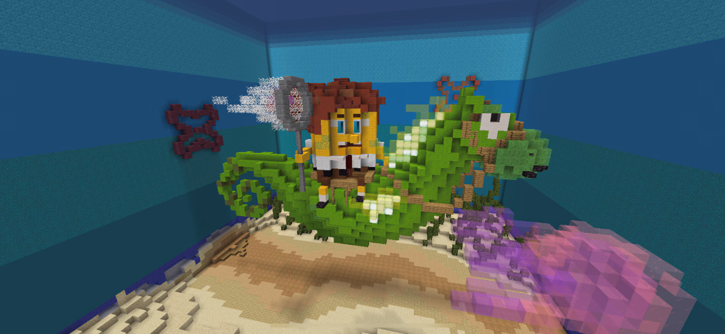 Image created in Minecraft of the Nickelodeon character SpongeBob SquarePants wearing a long brown wig and holding a net while riding a seahorse and trying to catch a jellyfish