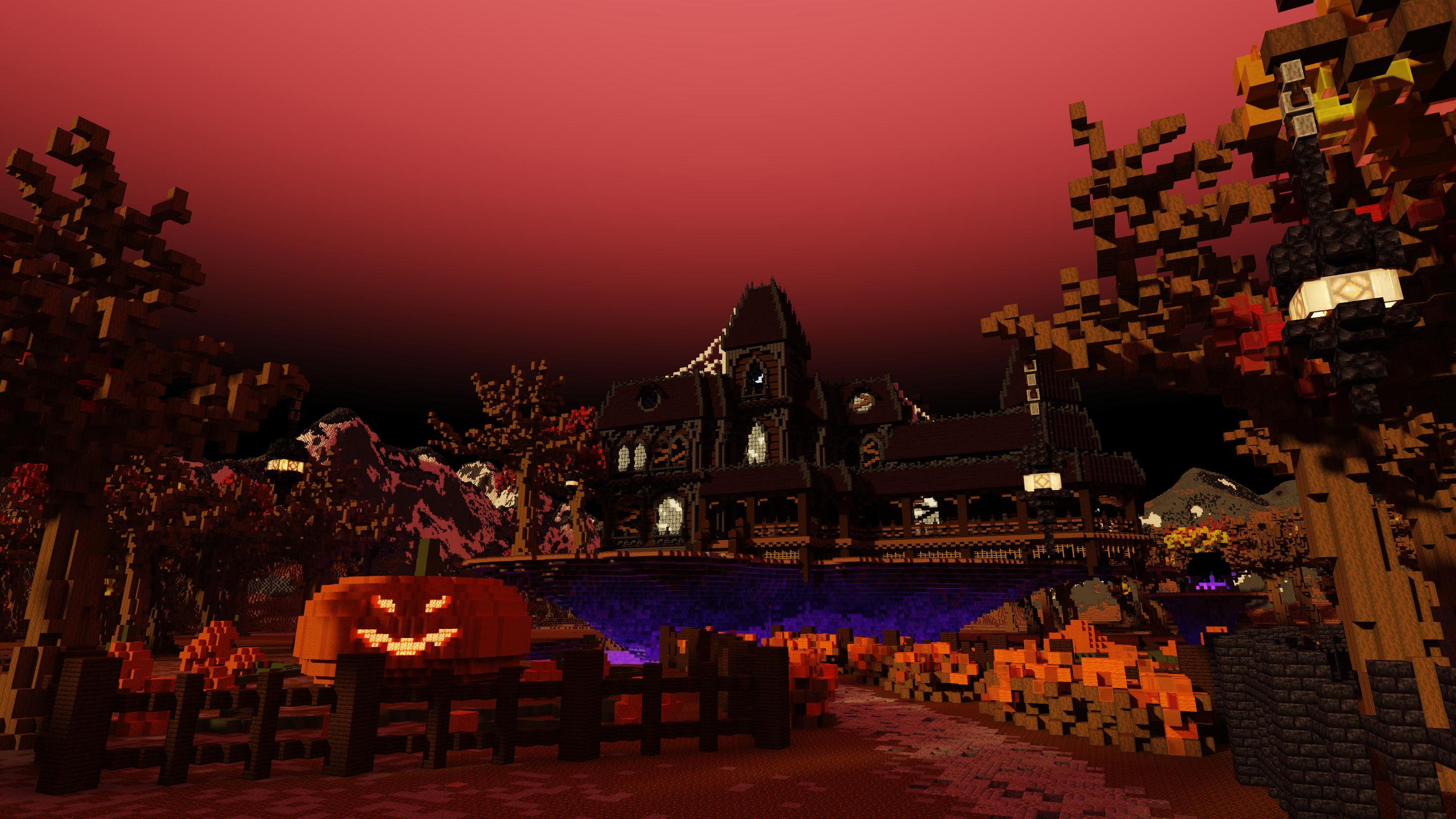 Spooky mansion in the distance under a red sky, with a glowing jack-o-lantern and pumpkins in the foreground. 
