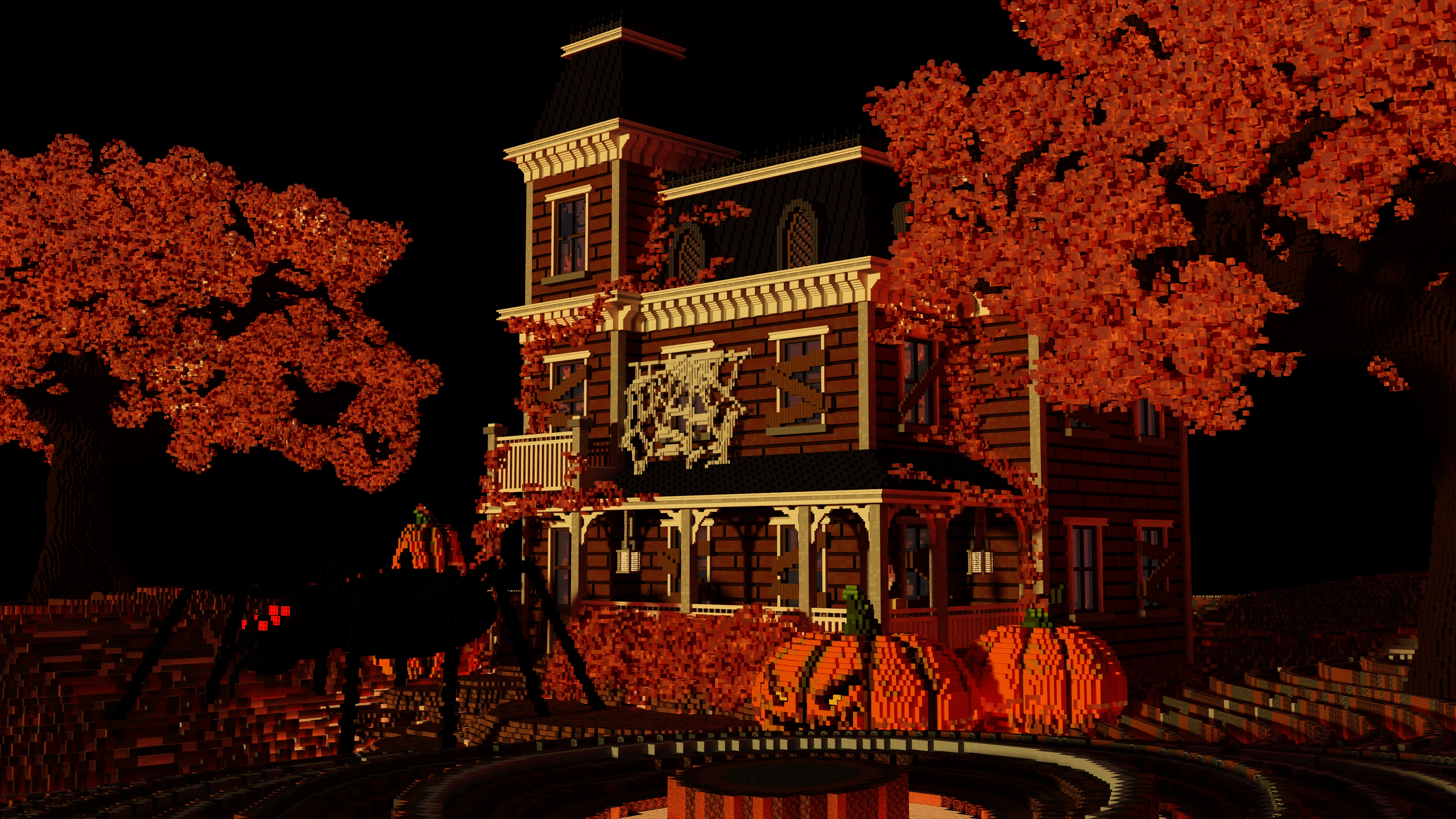 Rundown Victorian house covered in cobwebs with boarded up windows. Has a giant spider on the front lawn and creepy jack-o-lanterns.