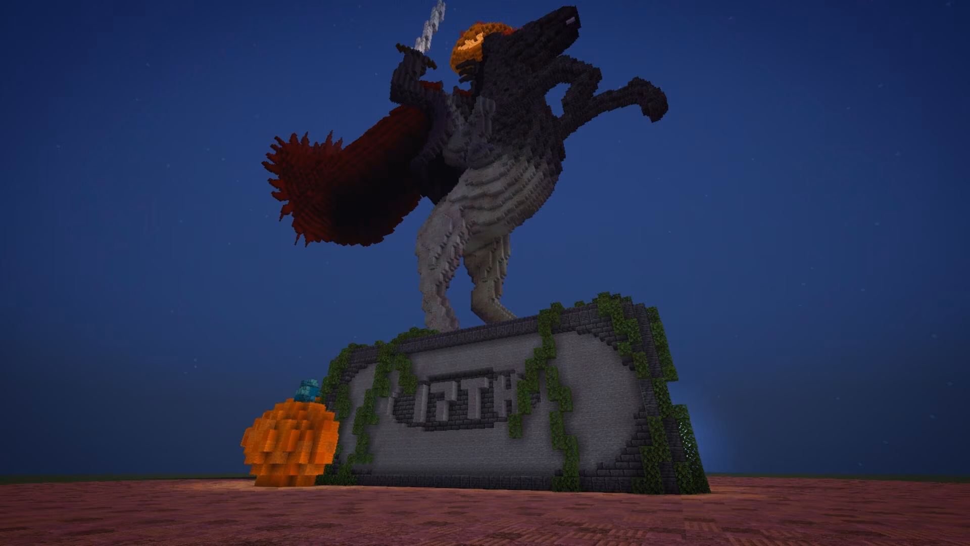 Headless Horseman statue holding a jack-o-lantern in one hand. Has ivy curved around base of the statue and a pumpkin on the ground to the left. 