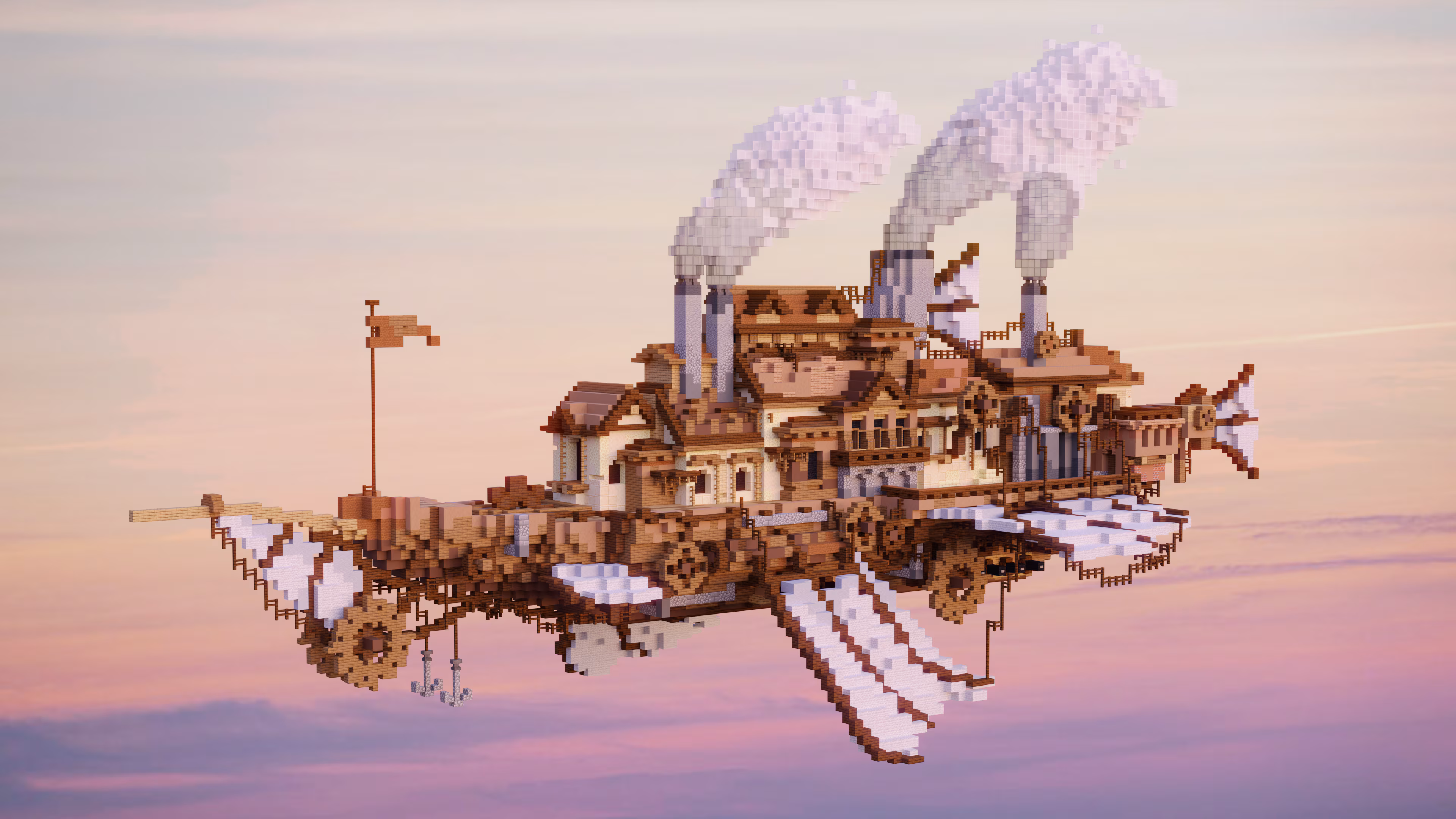 Image of a floating airship created in Minecraft with billowing steam clouds that is against a peach, pink, and purple sky.