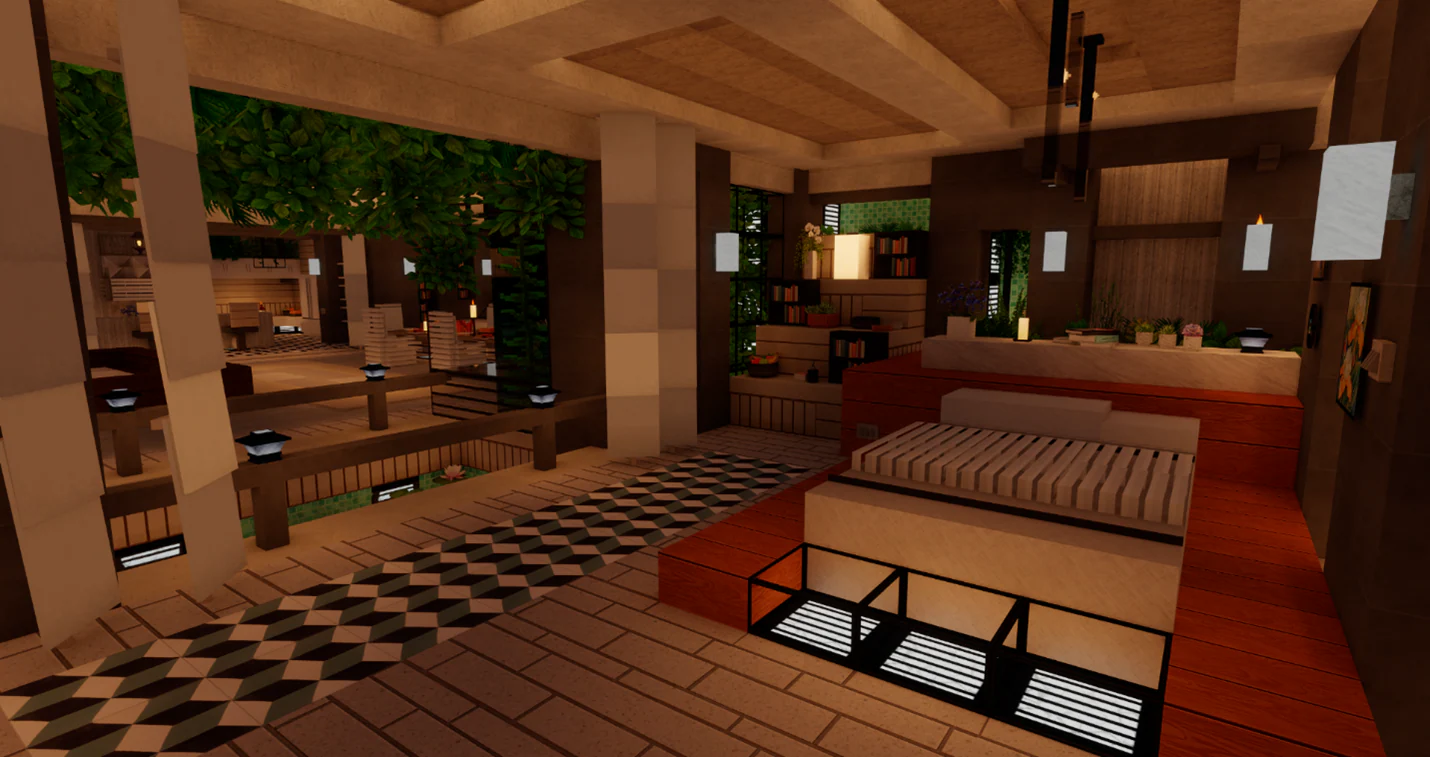 Image created in Minecraft of a living room of an underground modern home, with hanging foliage, sunken seating area, and dining room.