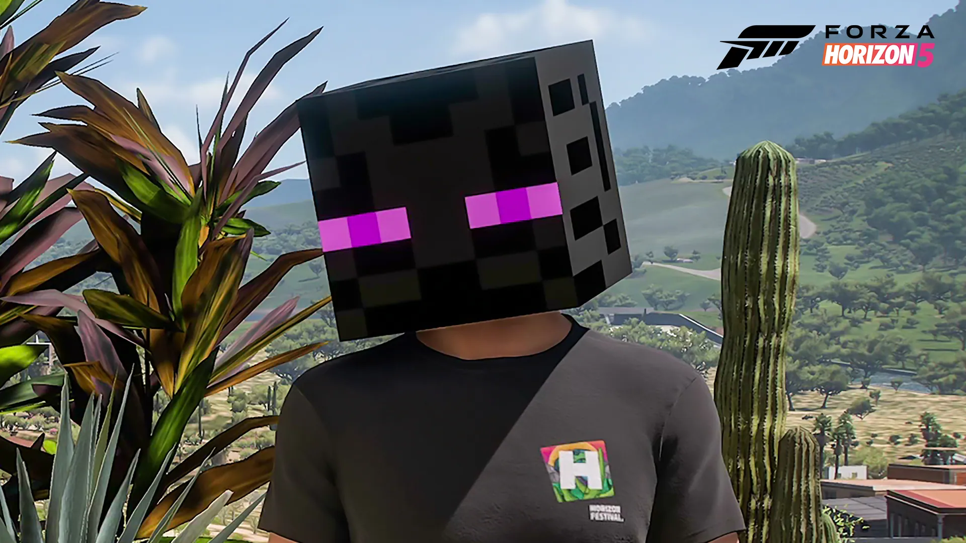 An image of a Forza Horizon 5 player character wearing an Enderman head-shaped helmet