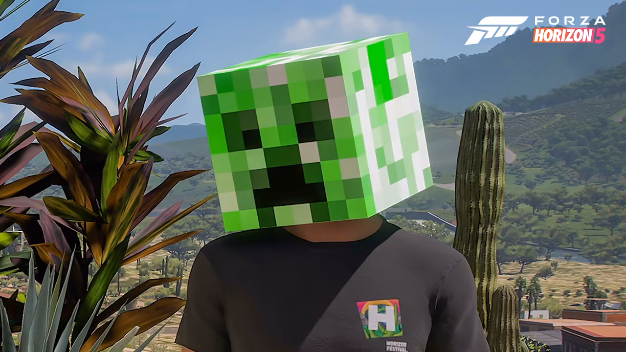 An image of a Forza Horizon 5 player character wearing an Creeper head-shaped helmet