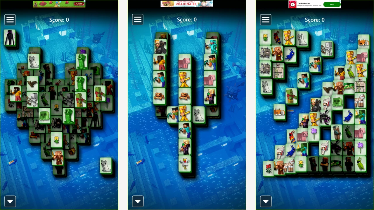 Three screenshots of the Minecraft-themed Mahjong mobile game
