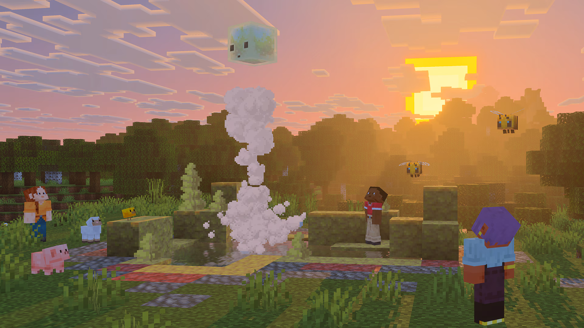 Minecraft players watch a floating sulfur cube launch upward amid smoke effects in a forest clearing at sunset.