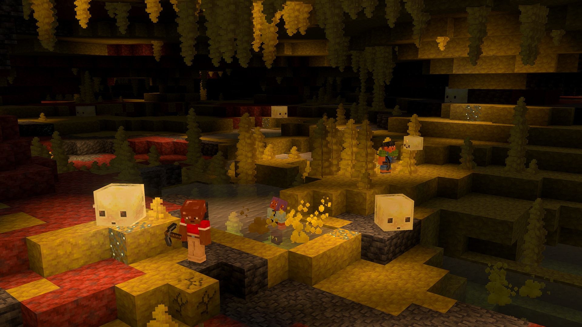 Minecraft players explore a glowing cave filled with sulfur cubes and hanging mineral formations.