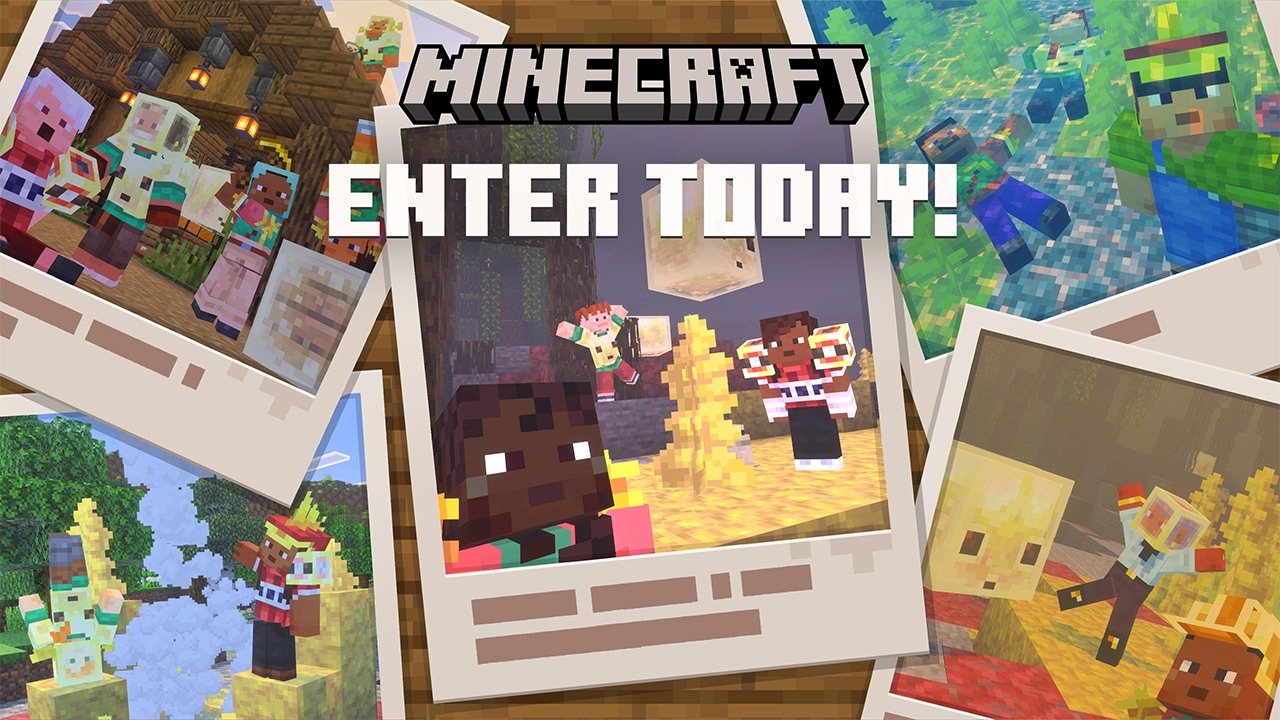 An image showing multiplayer screenshots from Minecraft in polaroid frames