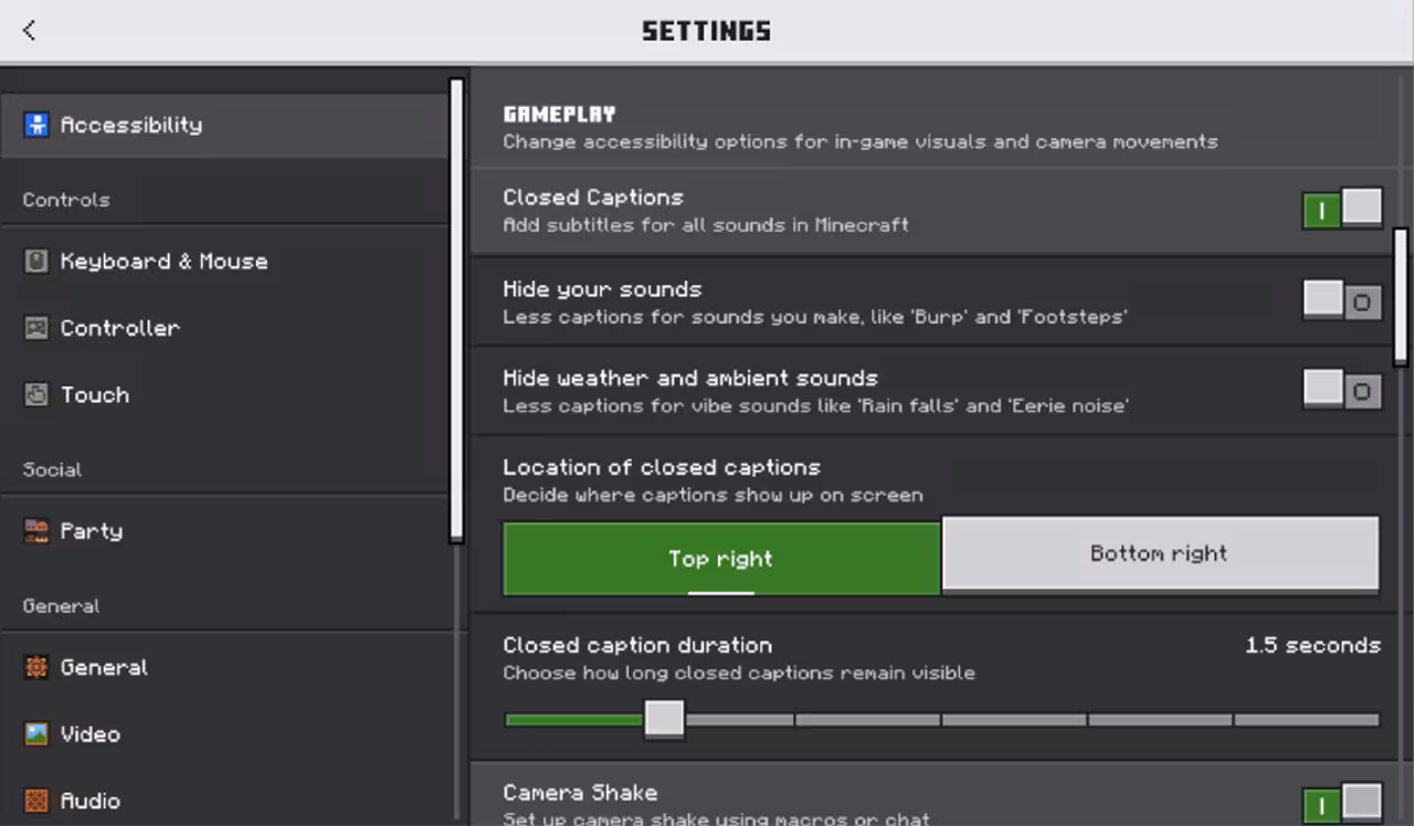 Minecraft Bedrock Edition Accessibility Settings menu showing Closed Captions options, including caption visibility, screen position, duration, and sound filtering settings.