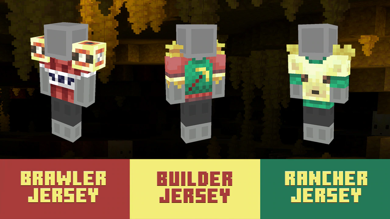 A screenshot showing all 3 of the free jerseys you can claim now on Minecraft Marketplace or via the download link for Minecraft: Java Edition!