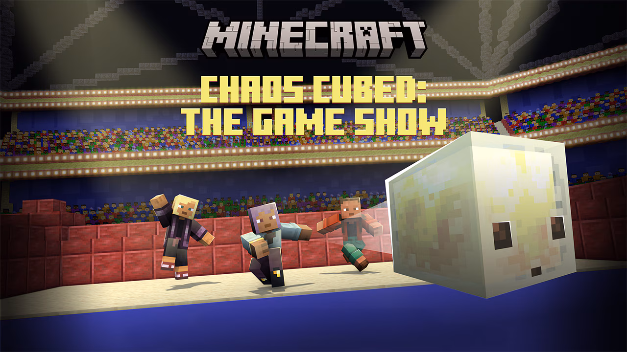 Three players in Minecraft chase a sulphur cube in an arena setting while an audience watches on, with the text Chaos Cubed: The Game Show.