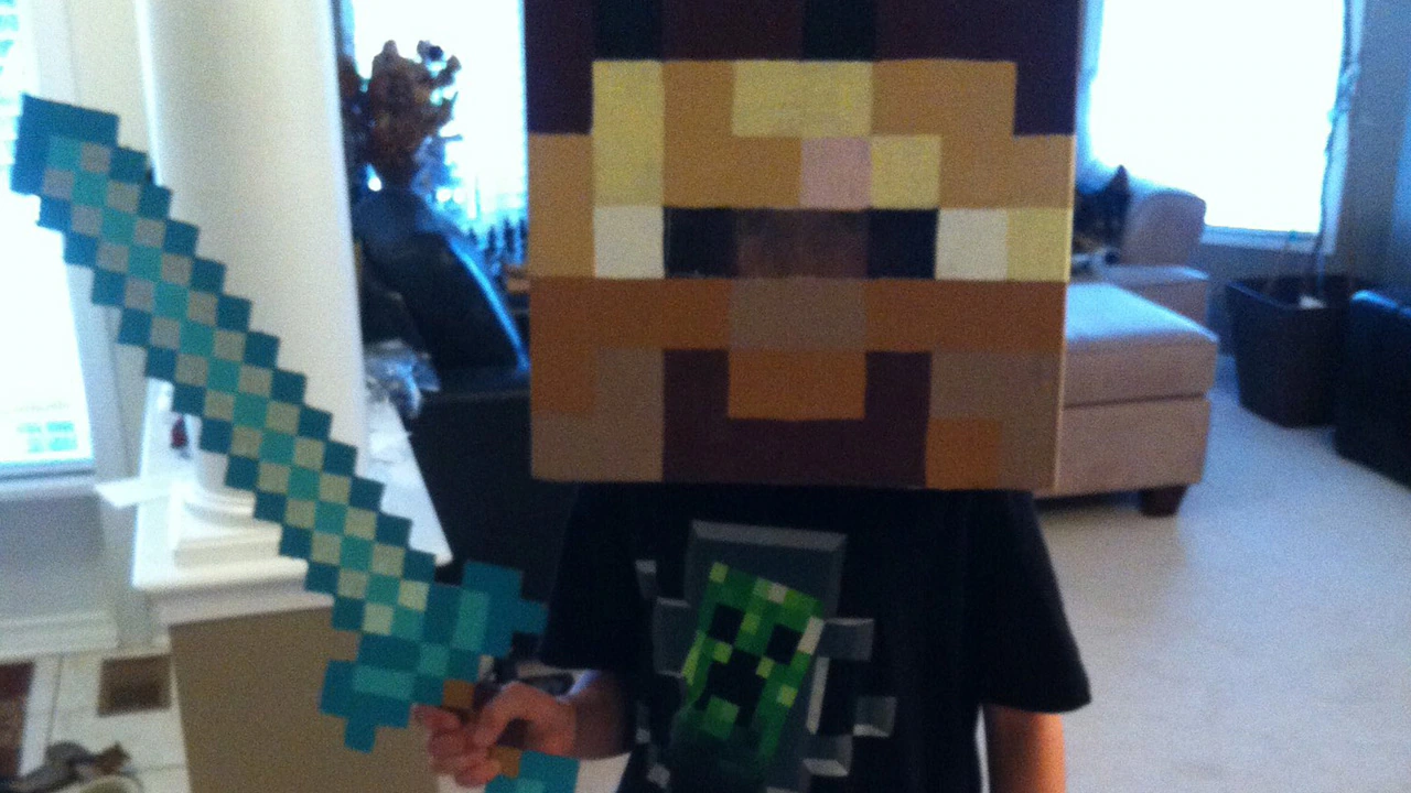 Photo of a person wearing a large cardboard square head to look like a pixelated Minecraft Steve face holding a diamond Minecraft sword and wearing a t-shirt with a creeper on the front.