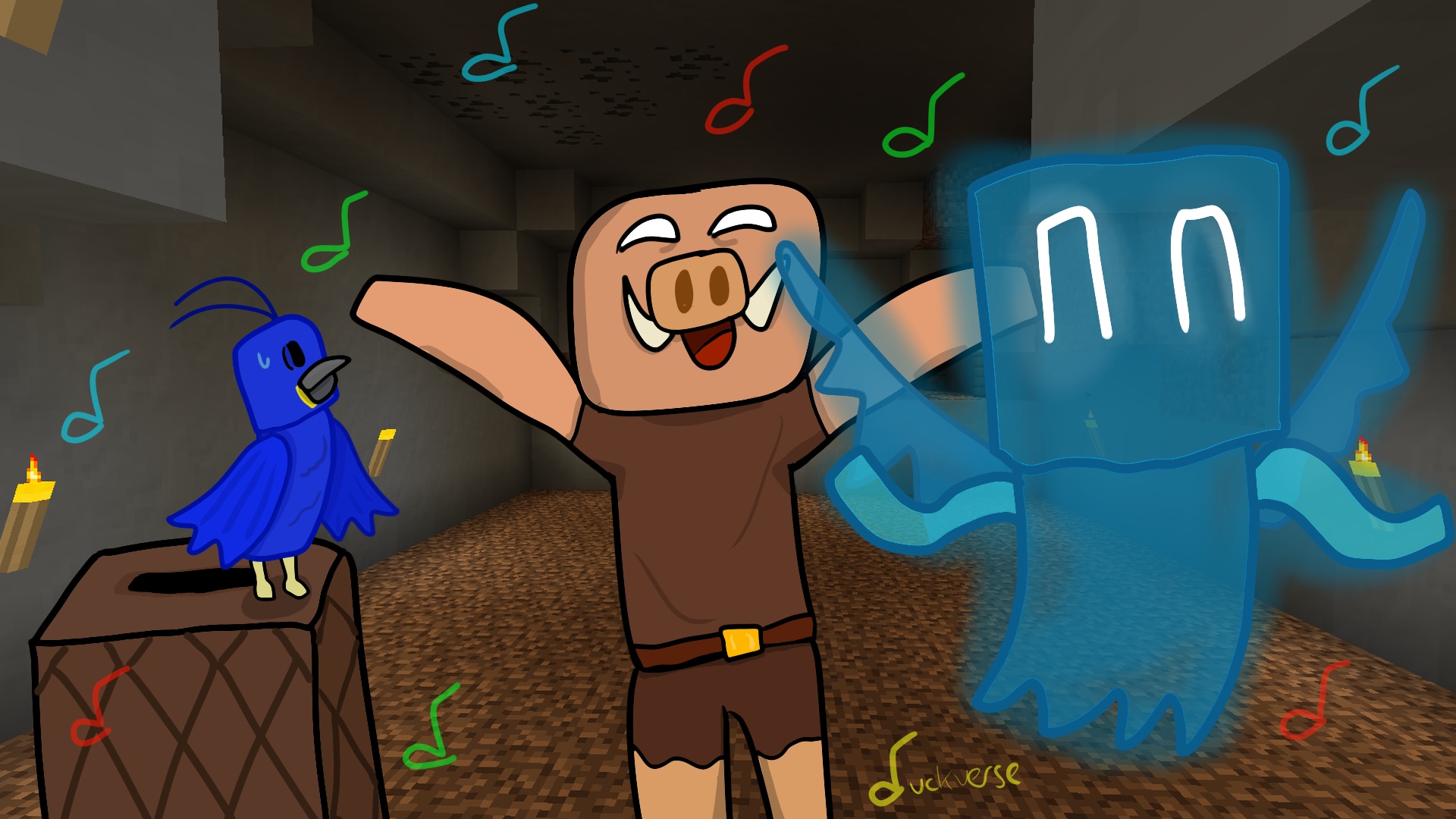 Drawing of the allay, a cute blue winged mob from Minecraft, with a piglin and a parrot who are dancing to music