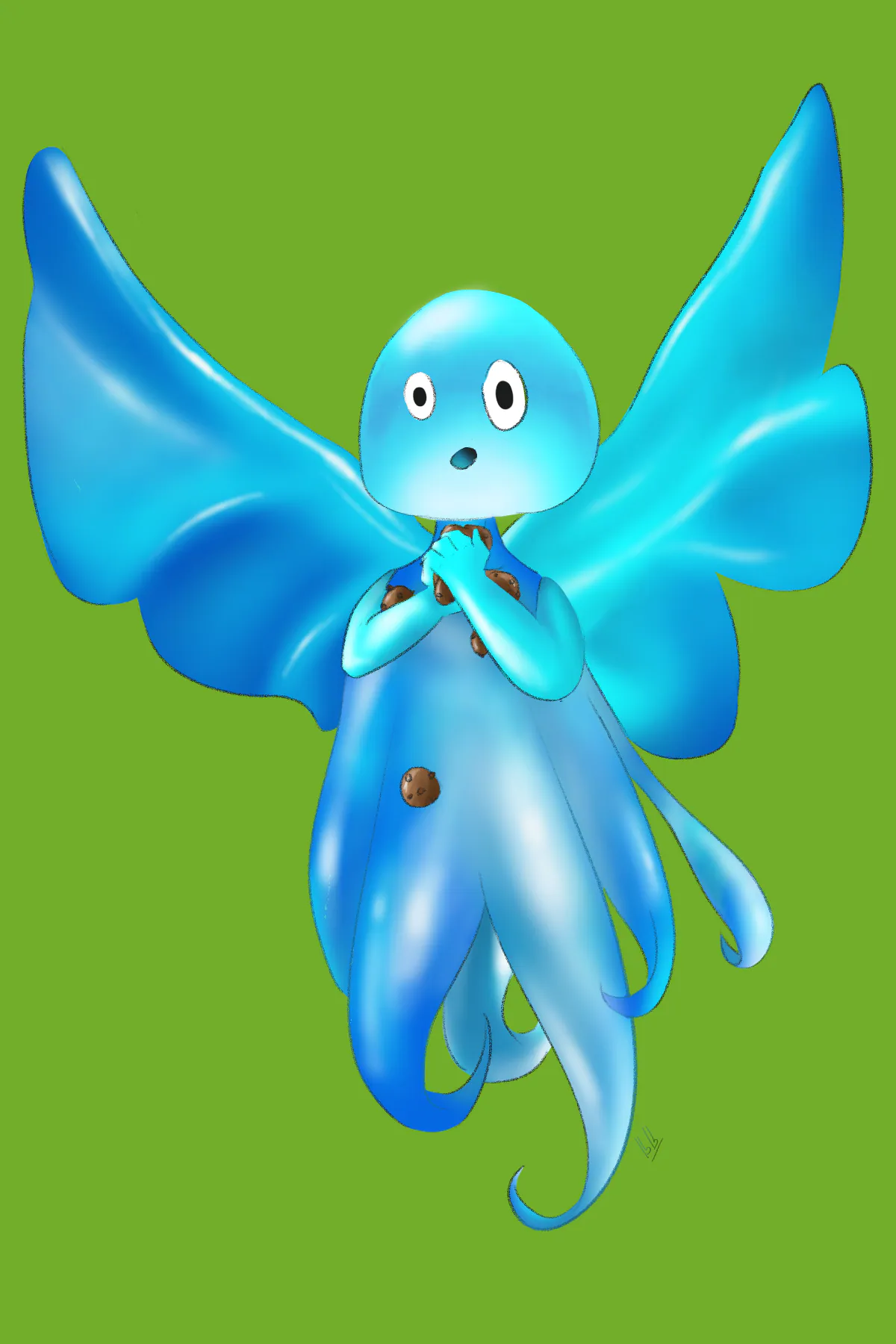 Digital drawing of the allay, an adorable winged blue mob in Minecraft, holding a bunch of chocolate chip cookies against a lime green background