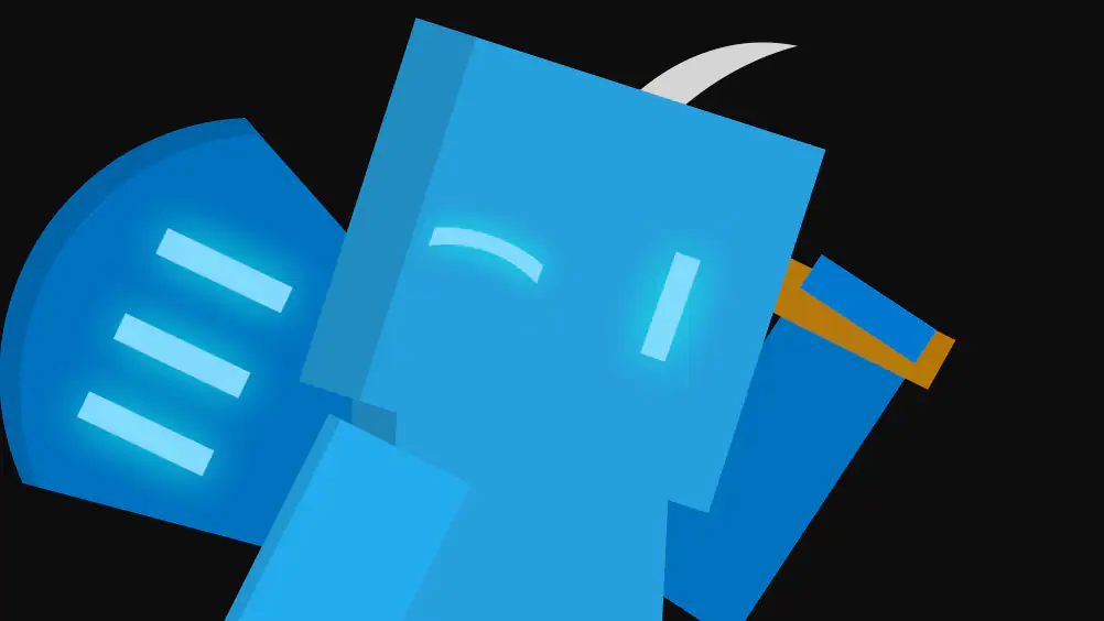 Digital drawing of the allay, an adorable winged blue mob in Minecraft, who is holding a pickaxe in its left hand and winking at the viewer