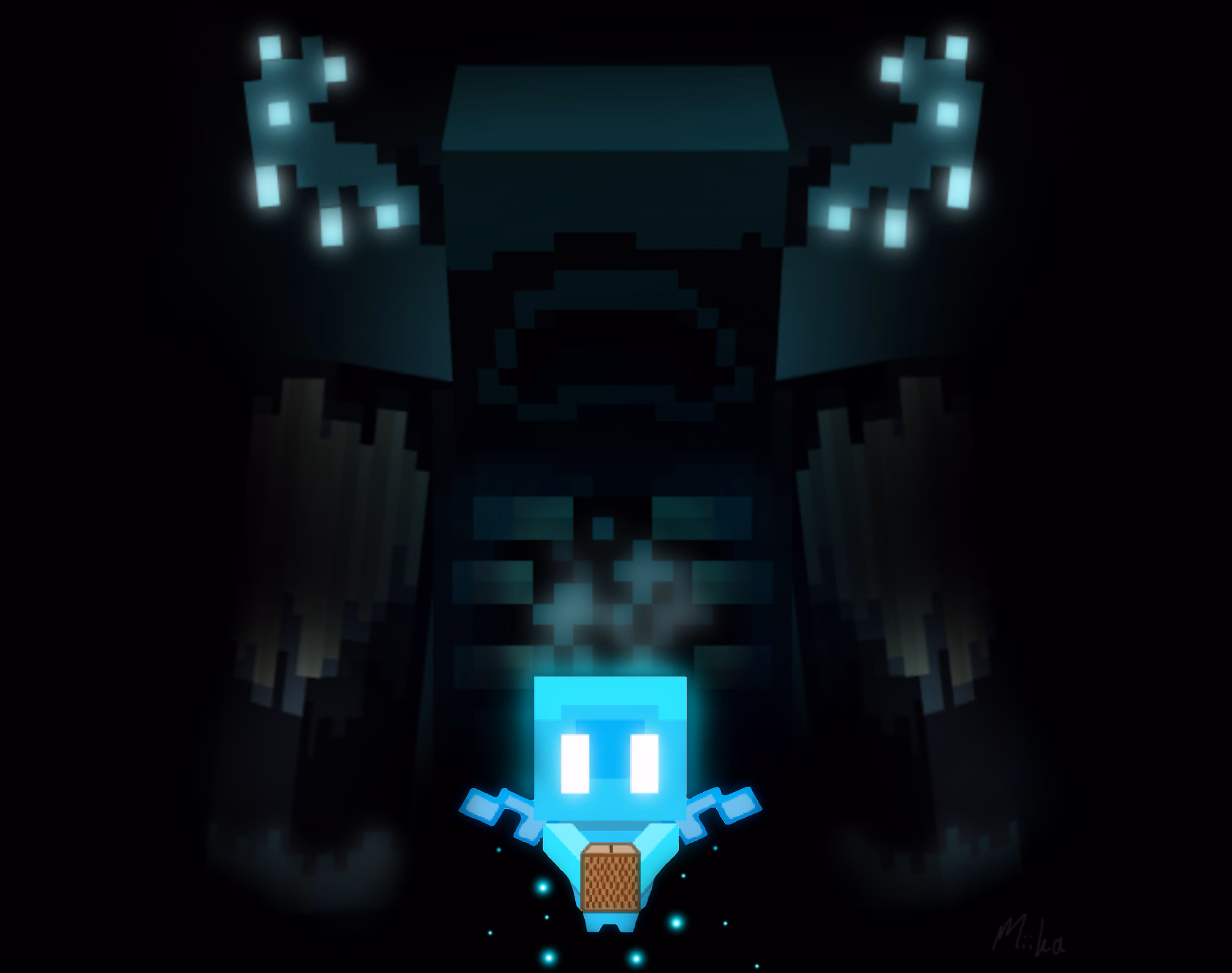 Digital drawing of the allay, an adorable winged blue mob in Minecraft, holding a jukebox while the warden, a hostile mob in Minecraft, lurks from behind
