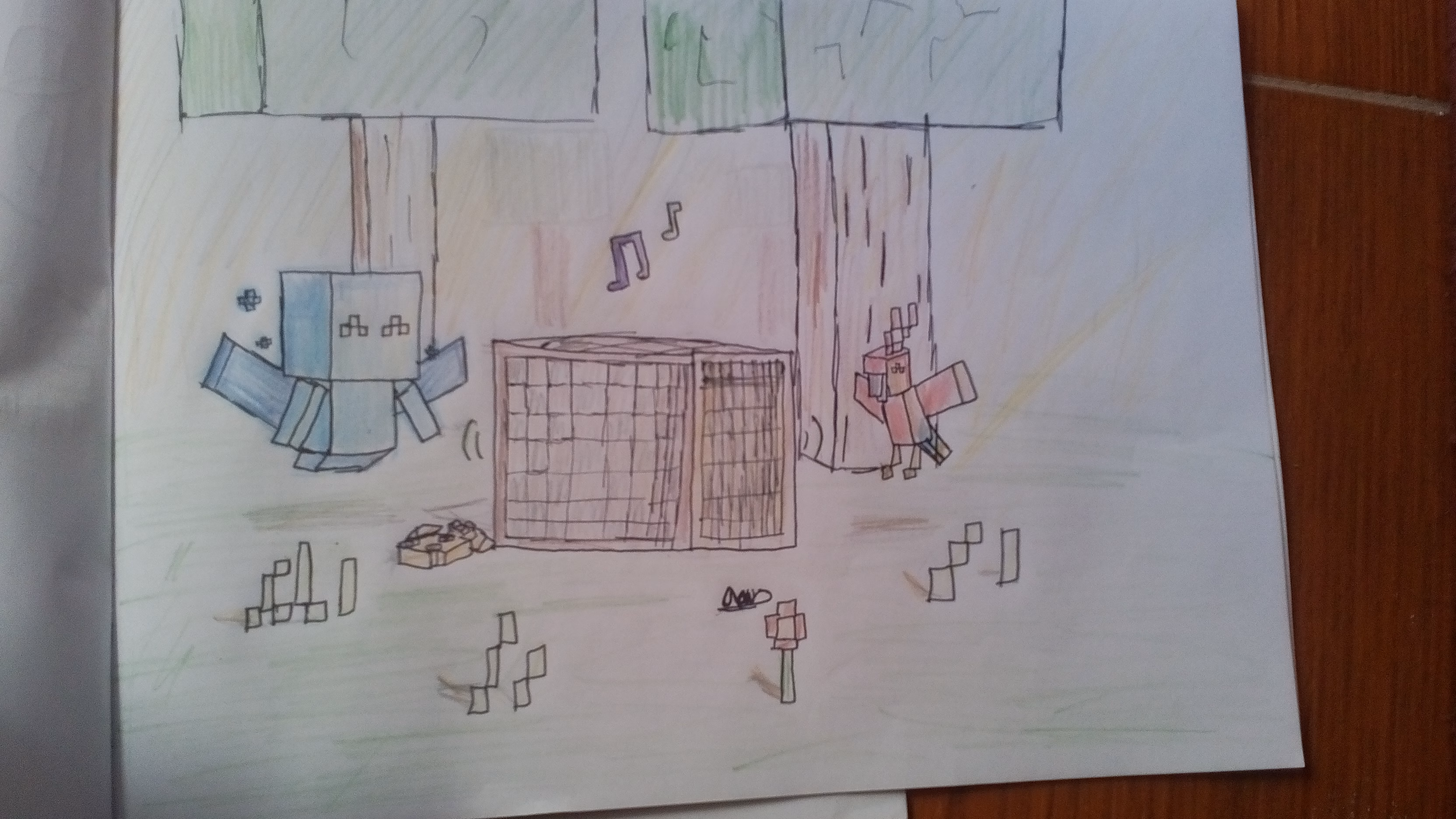 A colored pencil and paper drawing of the allay, an adorable blue winged mob in Minecraft, dancing to music from a jukebox with a red parrot surrounded by a couple of trees