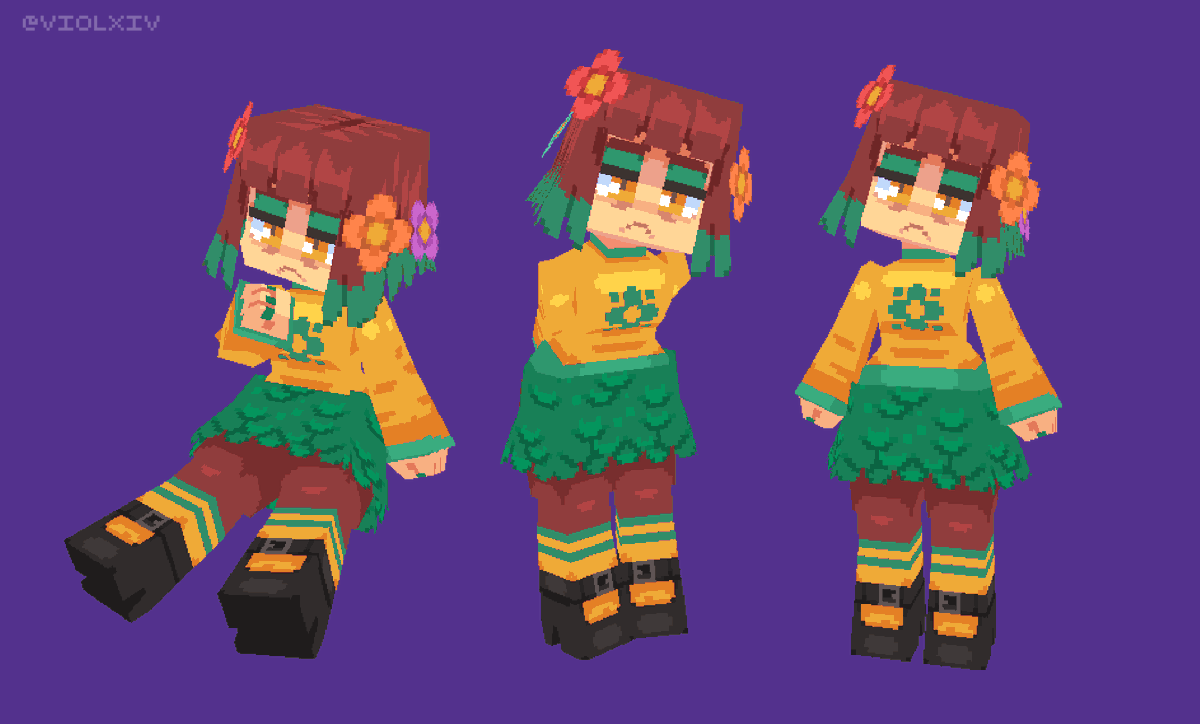 Drawing that's a trio of a girl with a brown bob haircut, yellow sweater, and green scaled skirt against a purple background. 