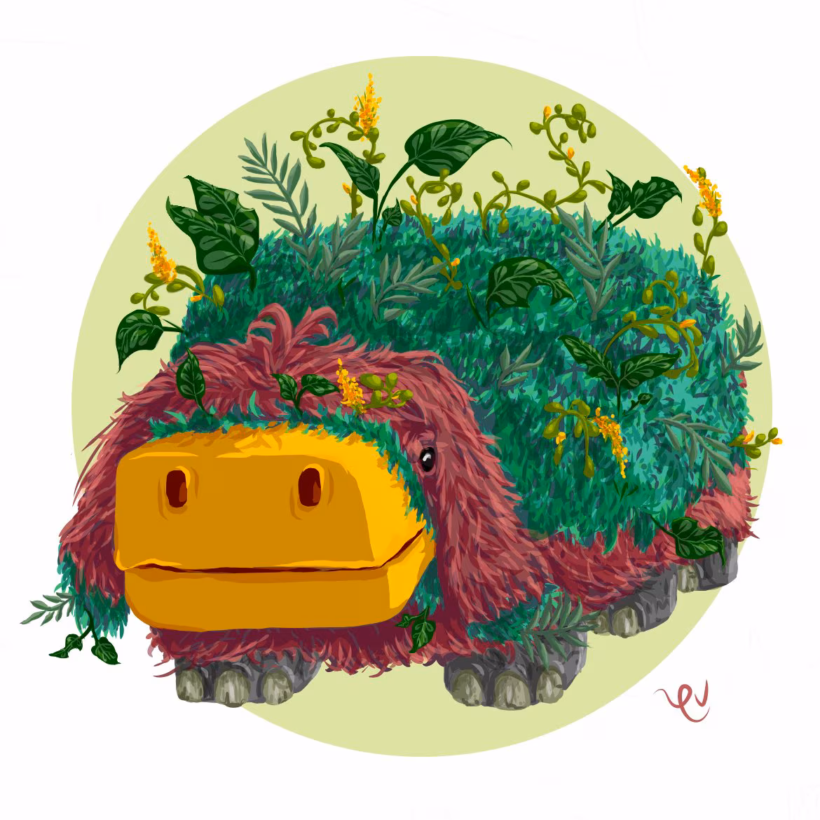 Digital drawing of the sniffer, a furry platypus looking creature that is burgundy with a yellow nose and topped with teal fur, and in this drawing the teal fur has flowers, vines, and other foliage growing out of it