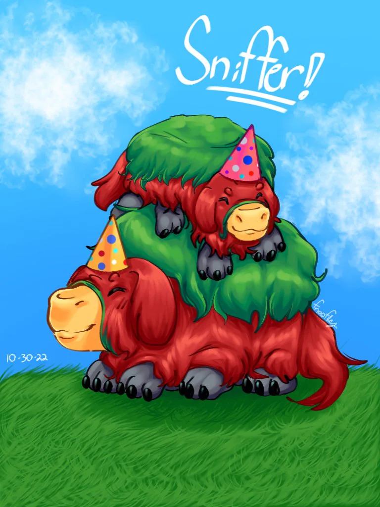 Digital drawing of the sniffer, a furry platypus looking creature that is burgundy with a yellow nose and topped with teal fur, and in this drawing there are two of them, one a smaller one stacked atop of a larger one, and both are wearing party cone hats