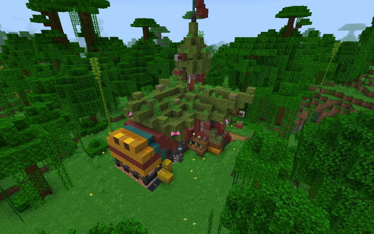 Image from Minecraft of a rectangular four legged creature made out of burgundy blocks, yellow blocks for the nose, and topped with mossy blocks. 