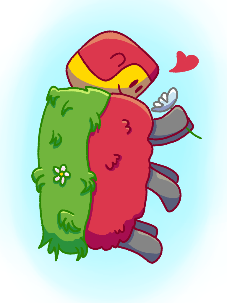 Digital drawing of the sniffer, a furry platypus looking creature that is burgundy with a yellow nose and topped with green fur