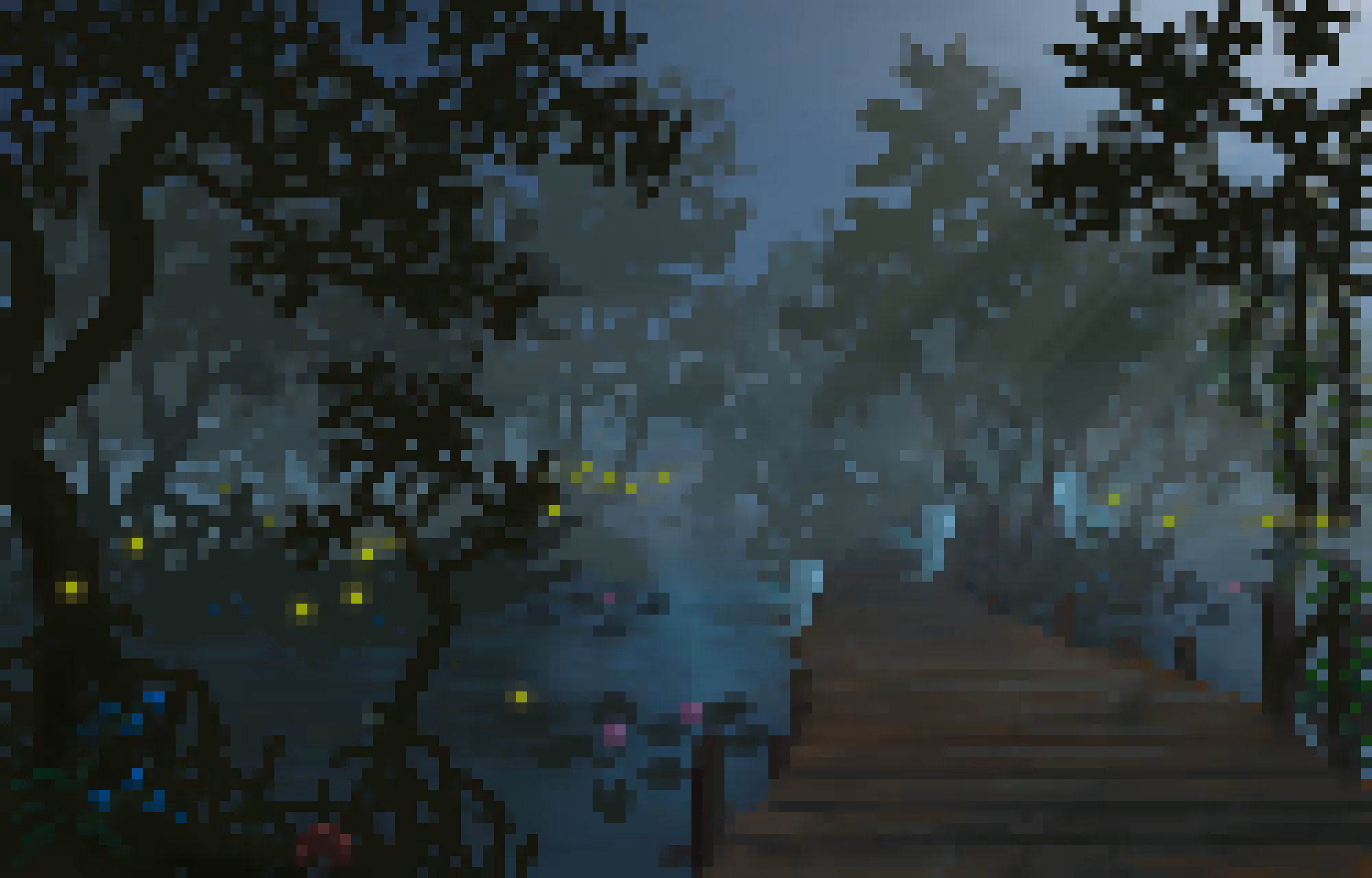 Image of a pixelated swamp with a wooden pier going out into the water with fireflies and a bit of mist