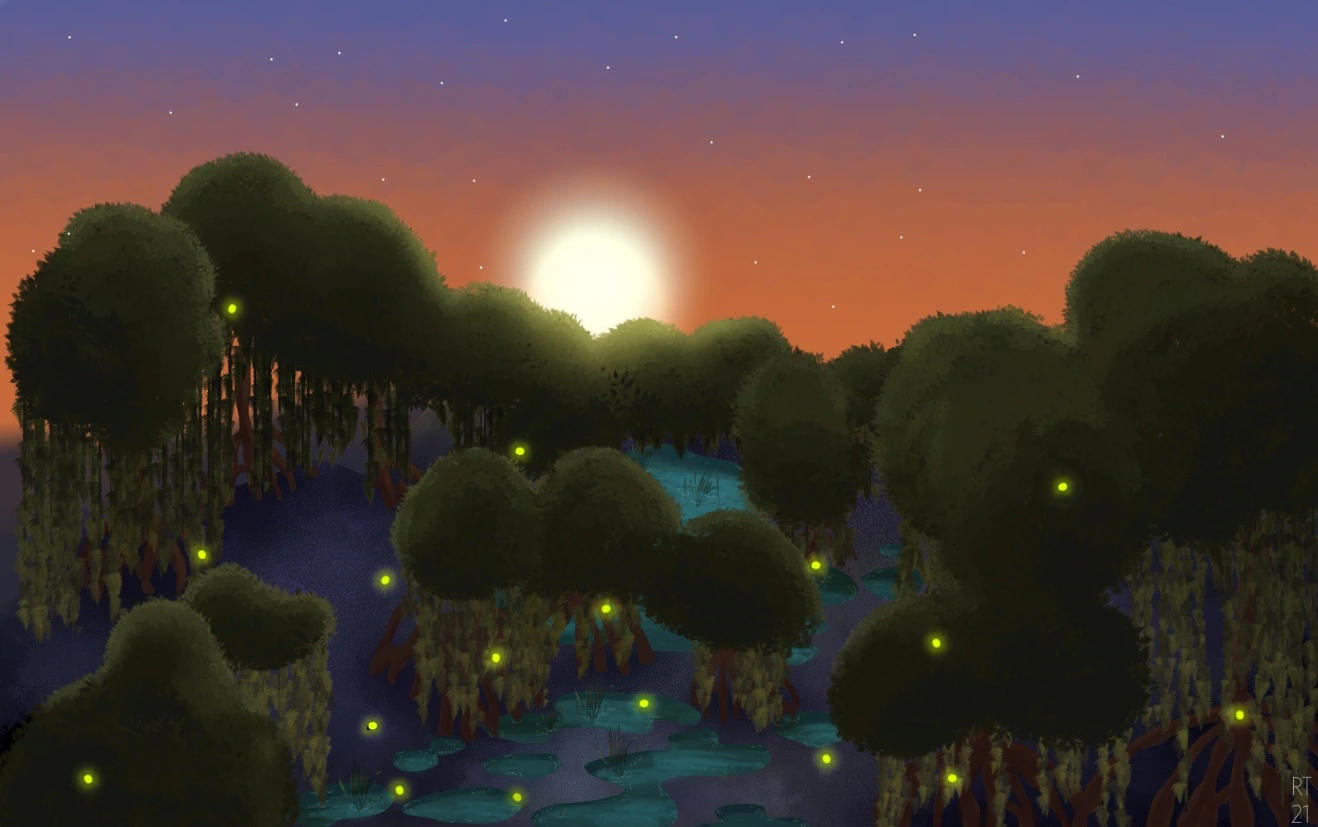 Drawing of a sunrise coming up over a forest of trees in a swamp with fireflies scattered throughout