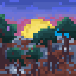 Heavily pixelated image of a sun rising up over a sparse forest