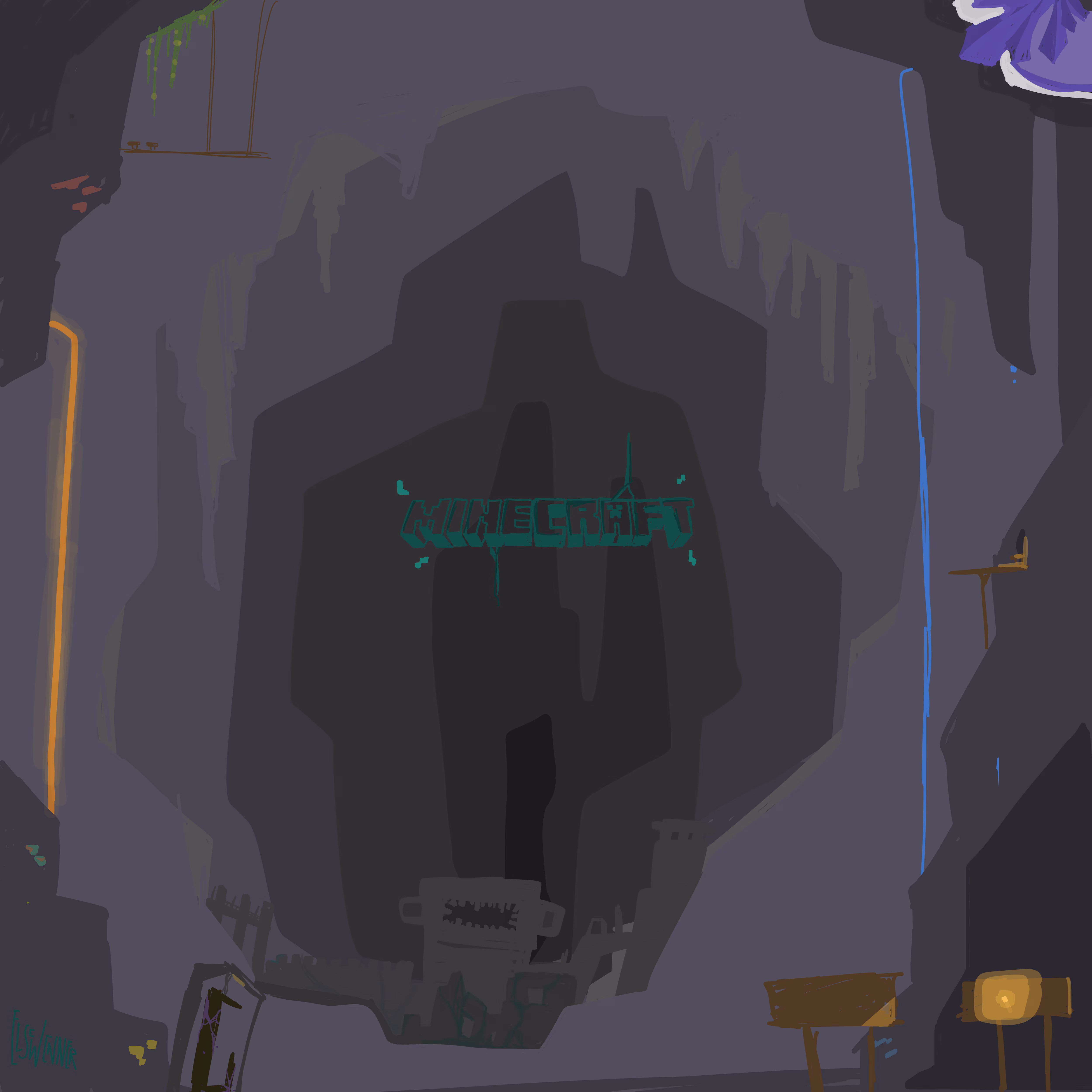 Dark cave made out of blacks, greys, and grey-ish purples with a light waterfall and a monster coming out of the darkness
