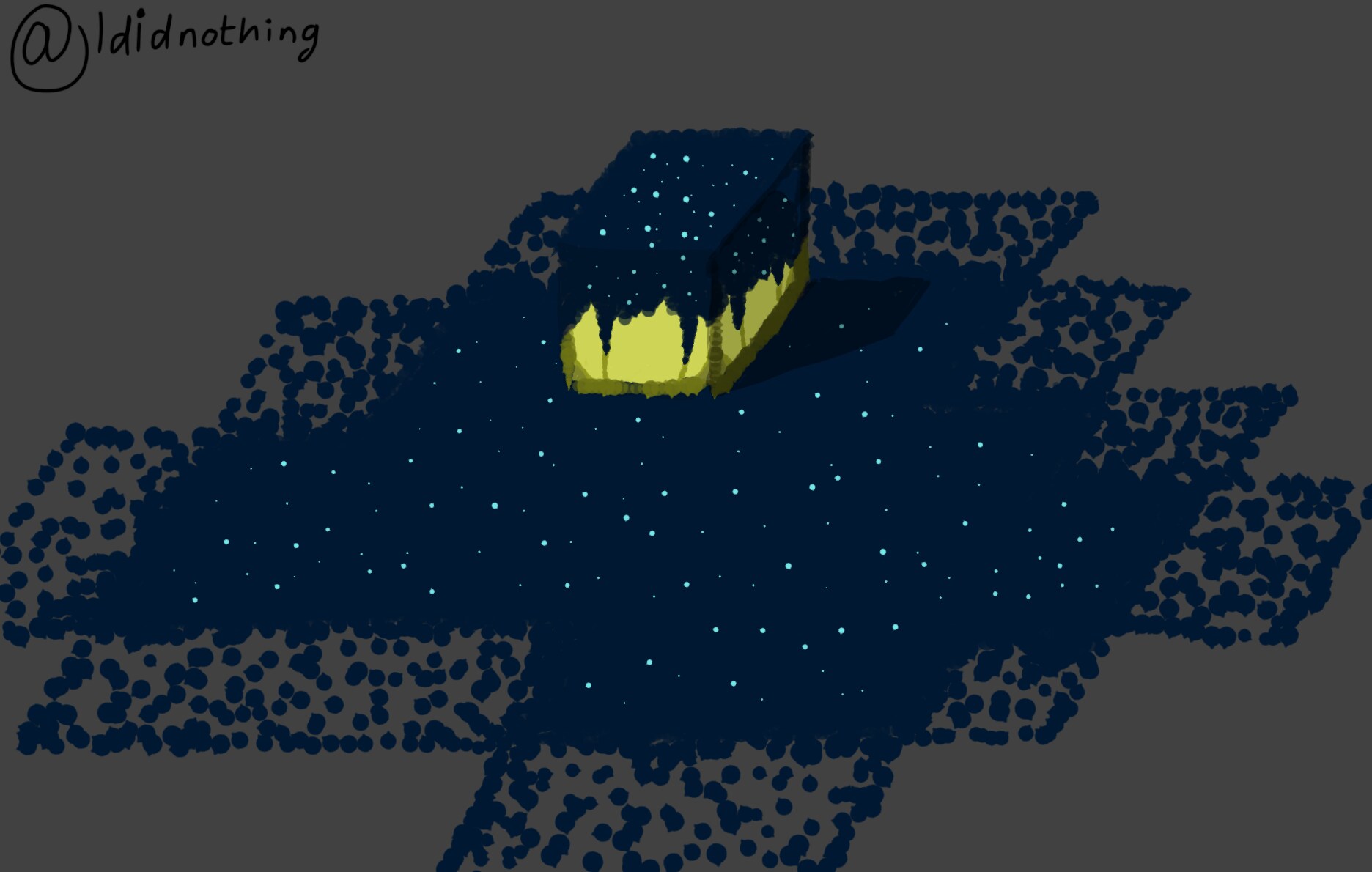 Image of a yellow-ish block covered in a sparkling dark blue moss-like topping surroundd by additional dark blue sparkling moss against a grey background