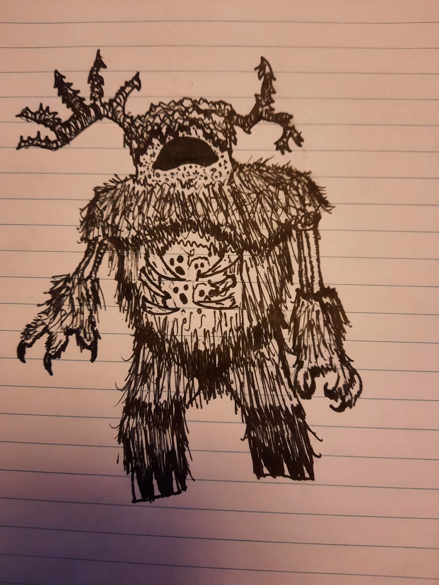 Fan art drawing using pen on lined paper of the warden, a hostile mob in Minecraft who uses sound to hunt its enemies. There are jagged, branch-like horns on the top of its head, claws for hands, and an open cavity in its chest where souls are gathered.