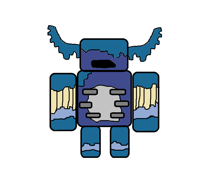 Fan art of the warden, a hostile mob in Minecraft, that's made of square and rectangular shapes put together and uses various shades of blue, grey, and purple. 