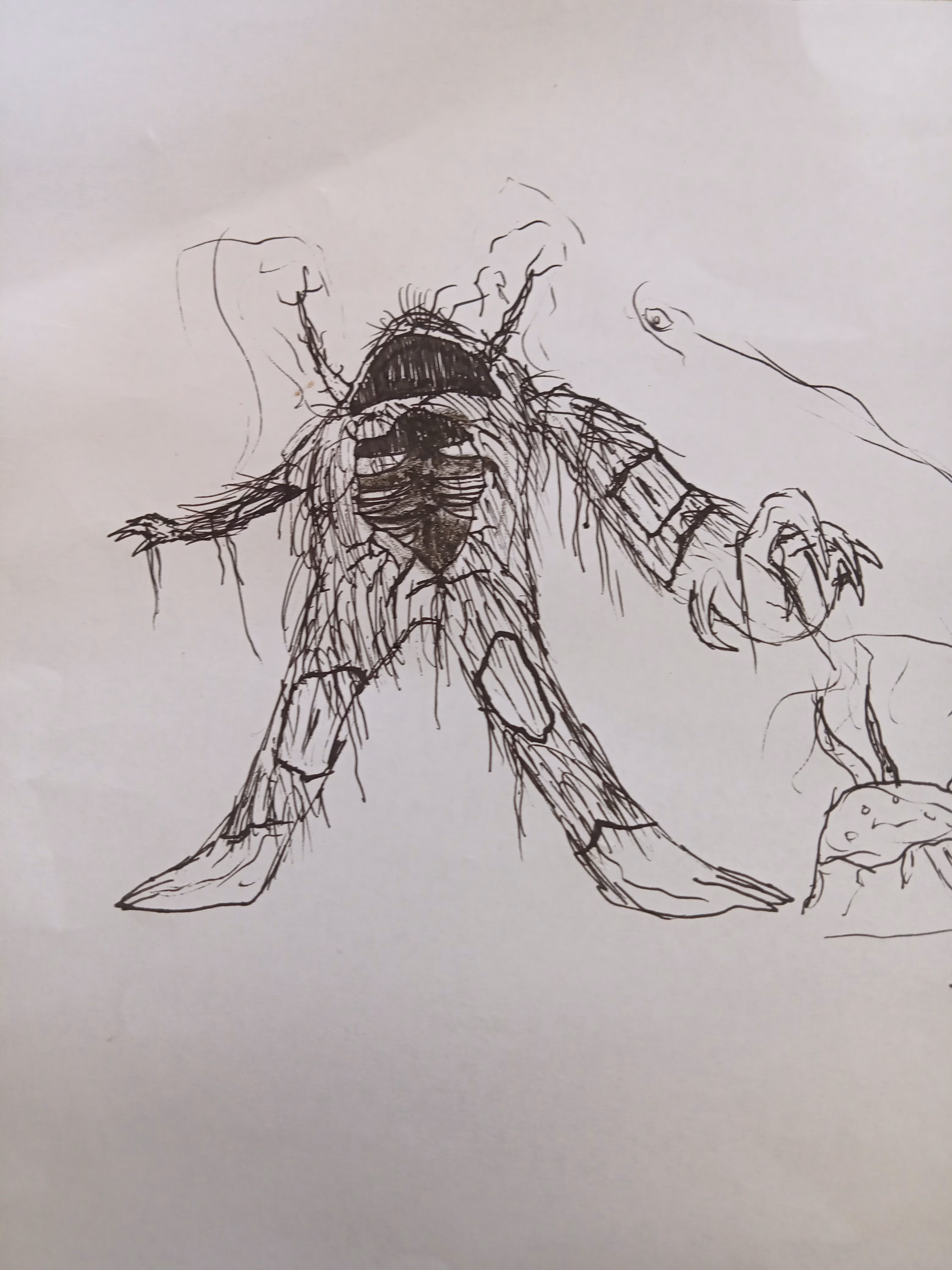Fan art drawing of the warden, a hostile mob in Minecraft, made out of black ink on plain white paper. It has horns coming from the side of its head, a large cavity in its chest with some exposed ribs, and menacing hands.