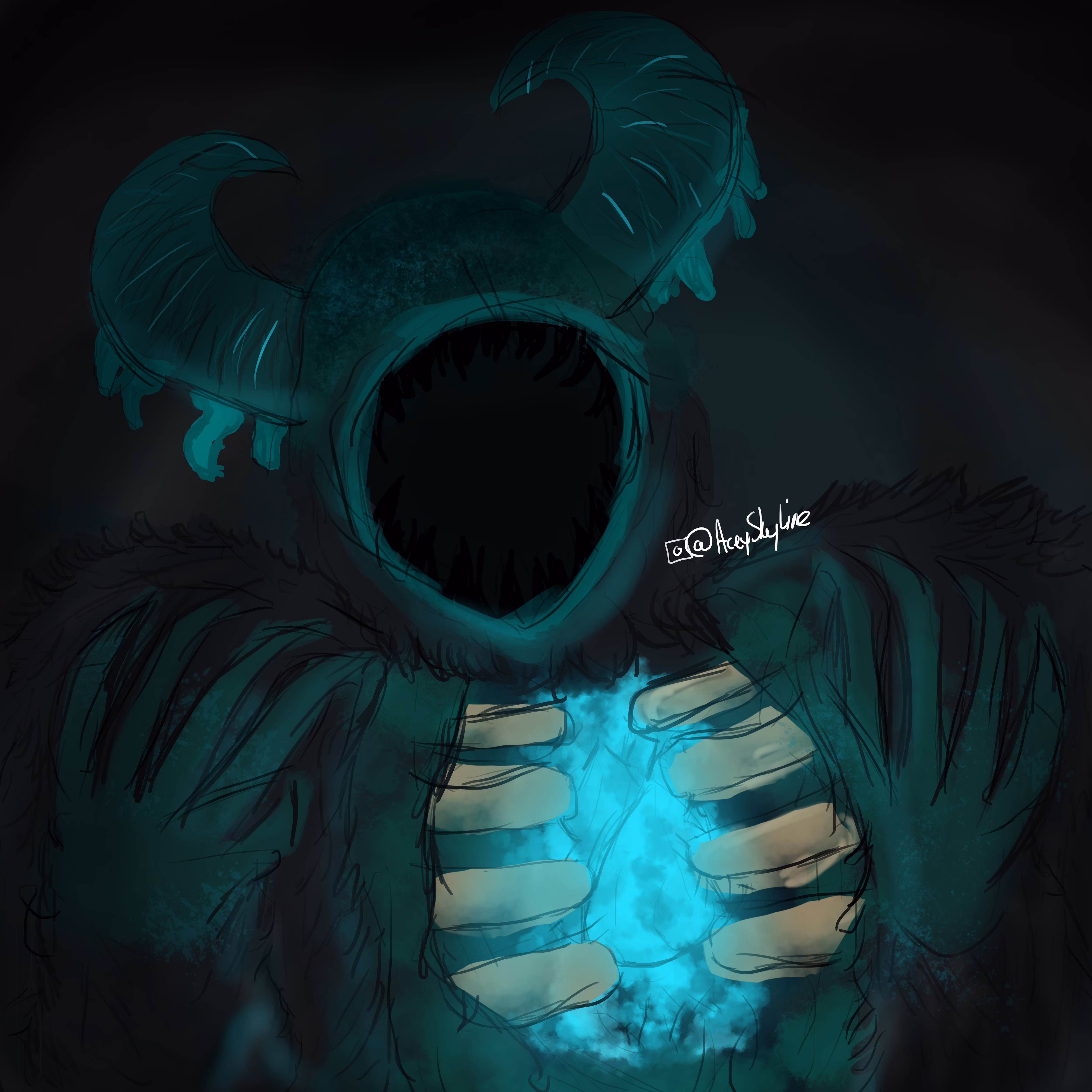 Fan art drawing of the warden, a hostile mob in Minecraft, that has giant, curved horns on its head, a black blank hole for a face, and a glowing blue chest with swirling souls contained in it.