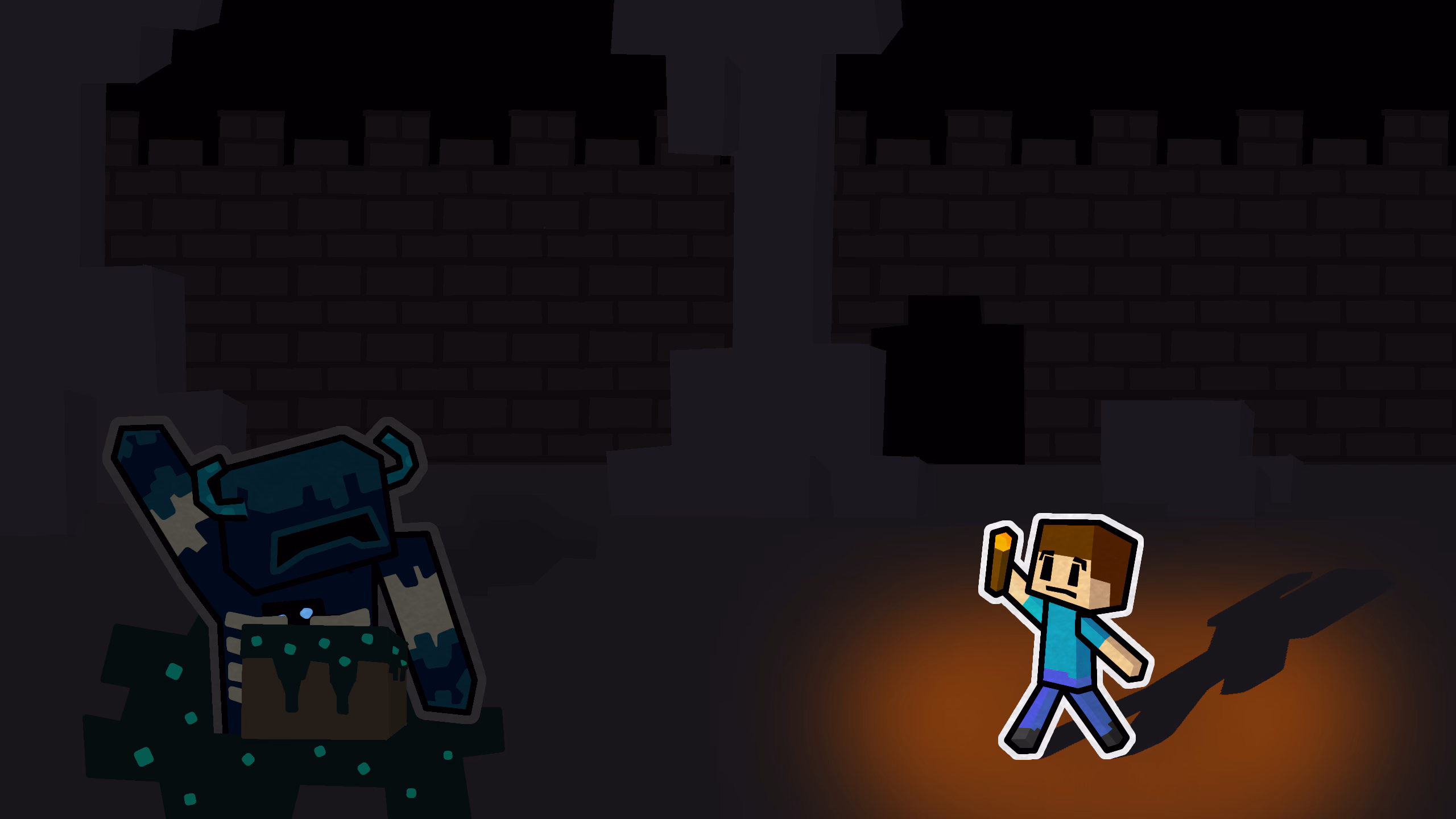 Fan art of the warden and Steve from Minecraft. They're in the Deep Dark, with the warden to the left and Steve on the right holding a glowing torch to be able to see.
