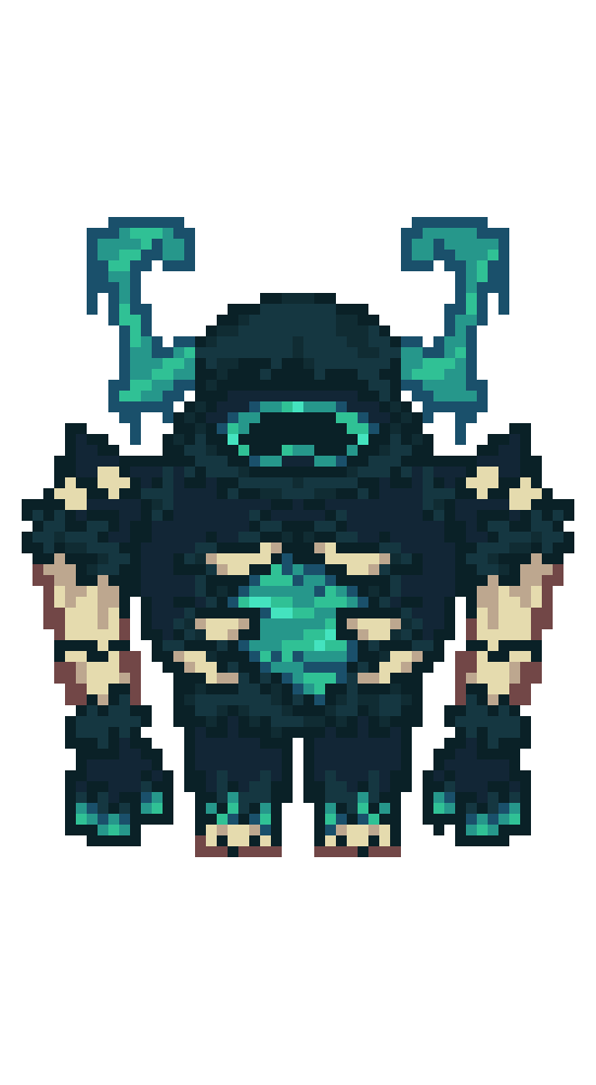 A pixel-style fan art version of the warden, a hostile mob in Minecraft. There are blue horns on its head, and an exposed hole in its chest where glowing blue souls are gathered.