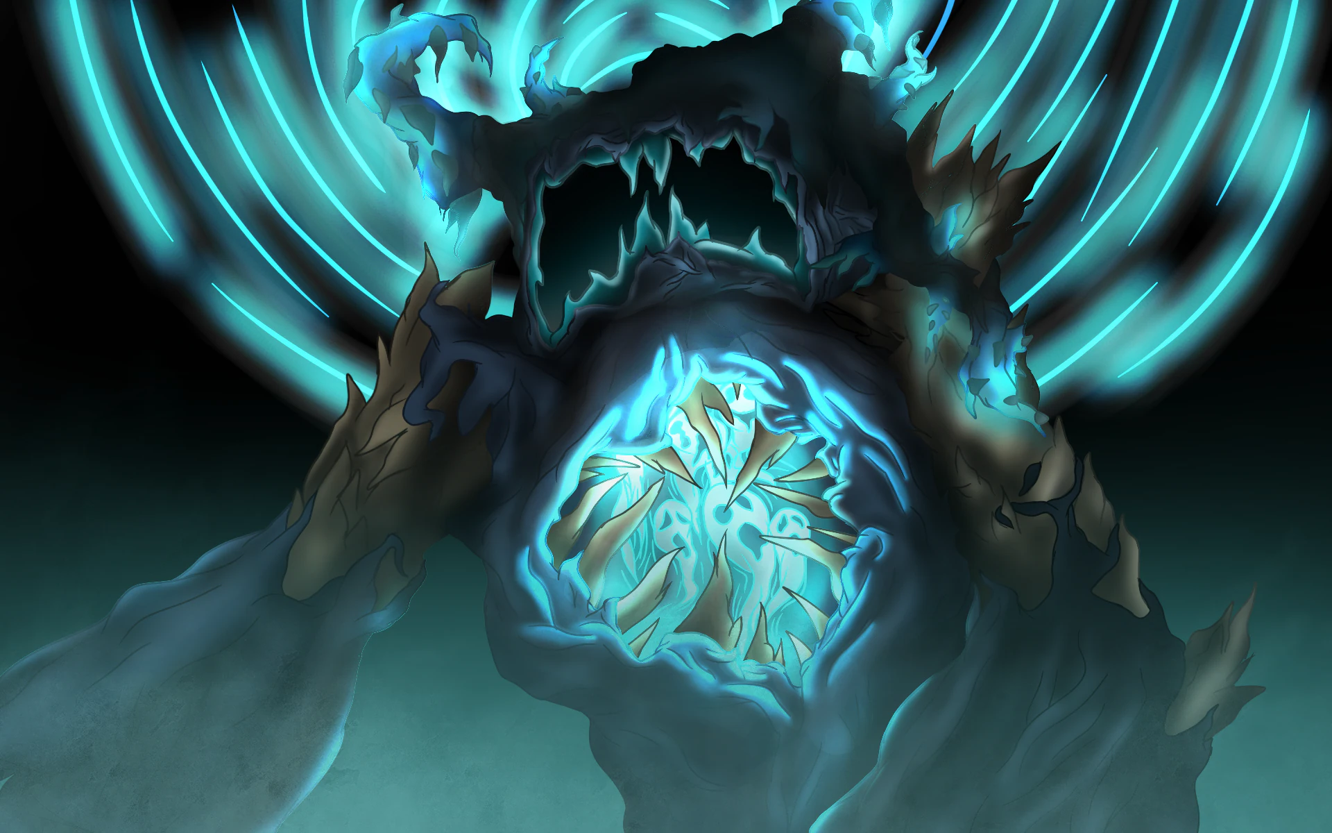 Fan art drawing of the warden, a hostile mob in Minecraft, that has big blue horns on the side of its head, a cavity in its chest containing swirling blue souls, and a menacing face. 