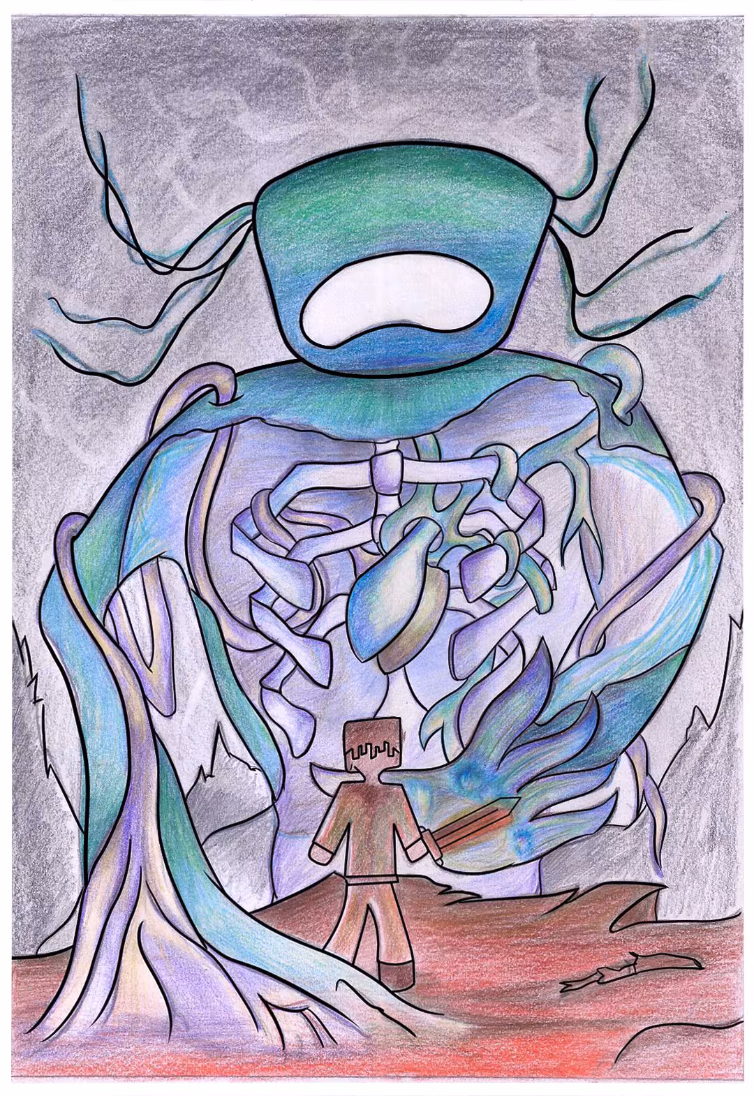Fan art drawing of the warden, a hostile mob in Minecraft, using colored pencils on paper. Warm brown, orange, and red shades are used for the floor, with purples, greens, and blues used for the warden. Warden has branch-like horns coming from the side of its head, and an open cavity in its chest that is protected by a rib cage. 