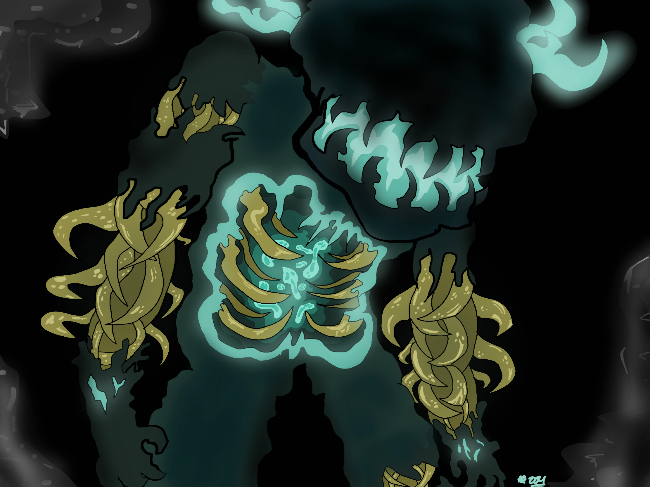 Fan art drawing of the warden, a hostile mob in Minecraft, that has glowing blue horns on the side of its head, an open cavity in its chest protected by ribs that's filled with swirling, glowing blue souls.