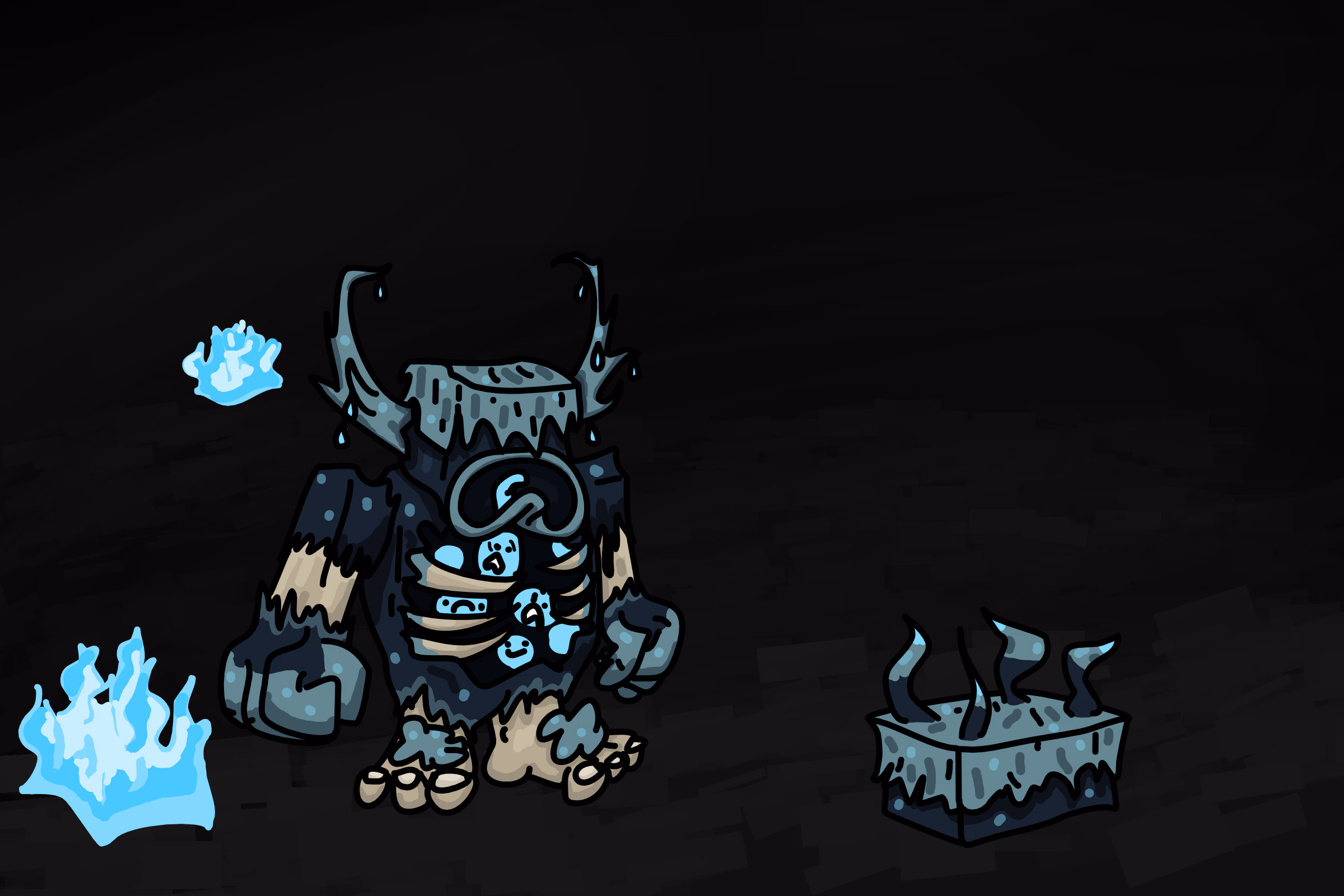 Fan art drawing of the warden, a hostile mob in Minecraft, that has curved horns coming from the side of its head, balled up fists for hands, ogre-ish feet with bulbous toes, and some blue flames on the ground.