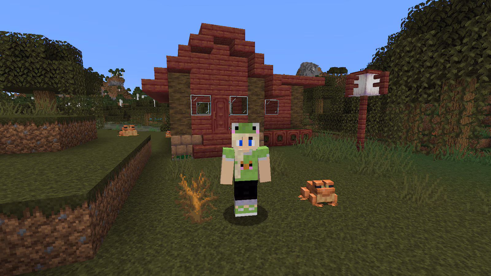 girl standing in front of a red house with a frog