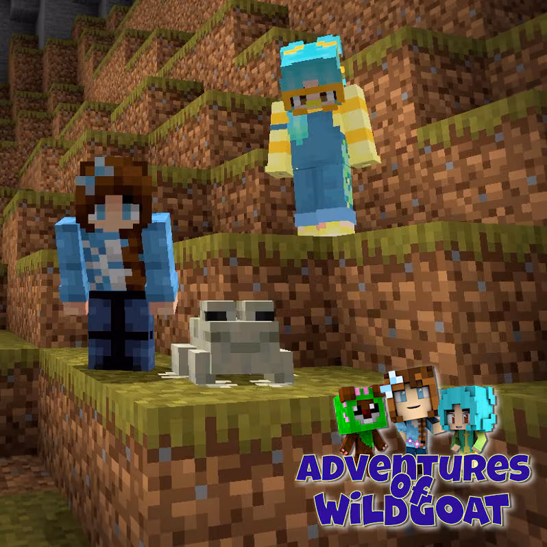 Two Minecraft characters standing on dirt blocks next to a frog