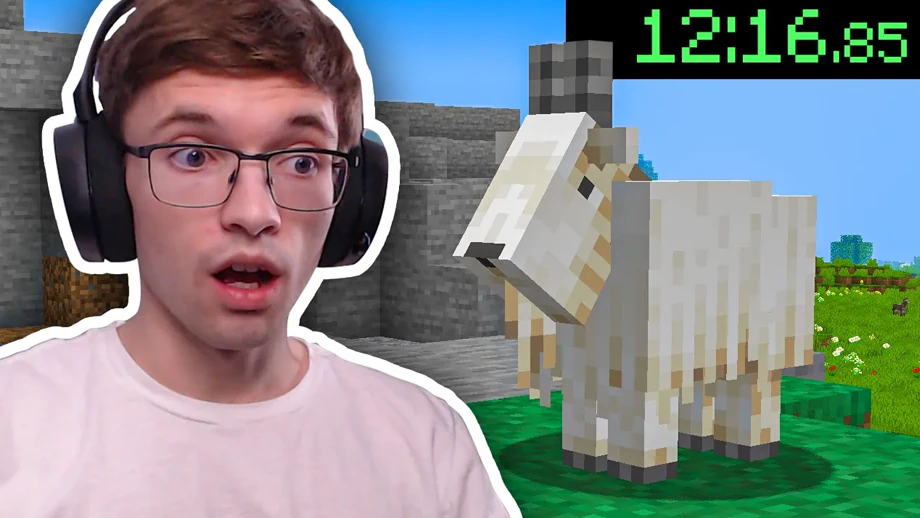 Young boy wearing headphones with a surprised face.  In the background is a Minecraft goat and clock reading 12:16:85