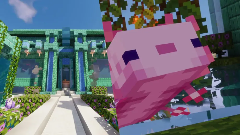 A Minecraft building and pink axolotl