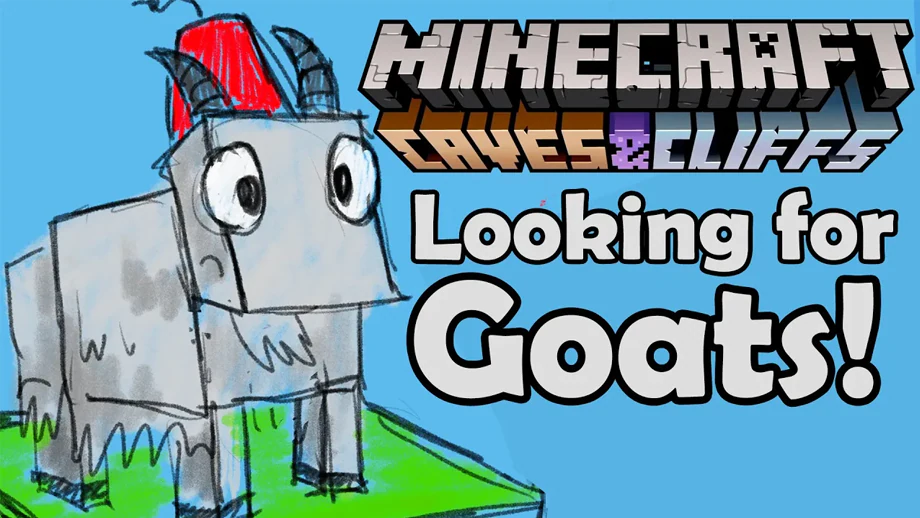 Drawing of a Minecraft goat wearing a hat.  Caption - Looking for Goats!