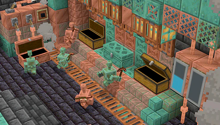 A top-down view of a bunch of copper golems, hard at work sorting two large chests.