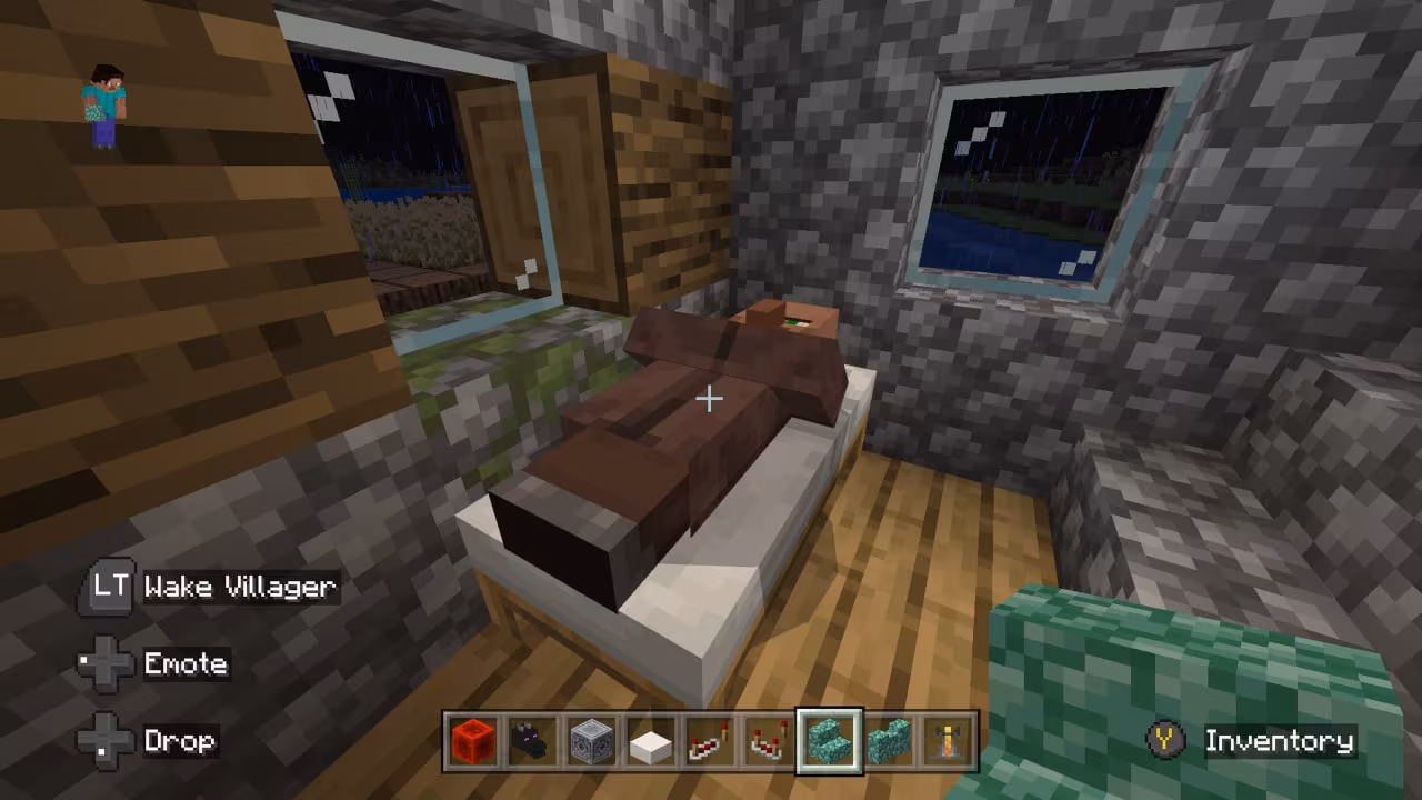 A Minecraft screenshot depicting a villager sleeping in its bed.