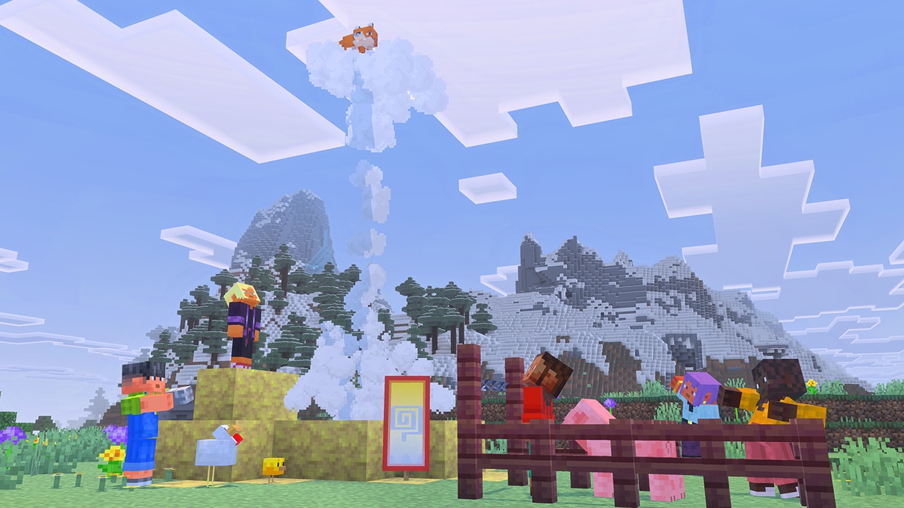 Several players and mobs watching as a fox is pushed upwards by a geyser.